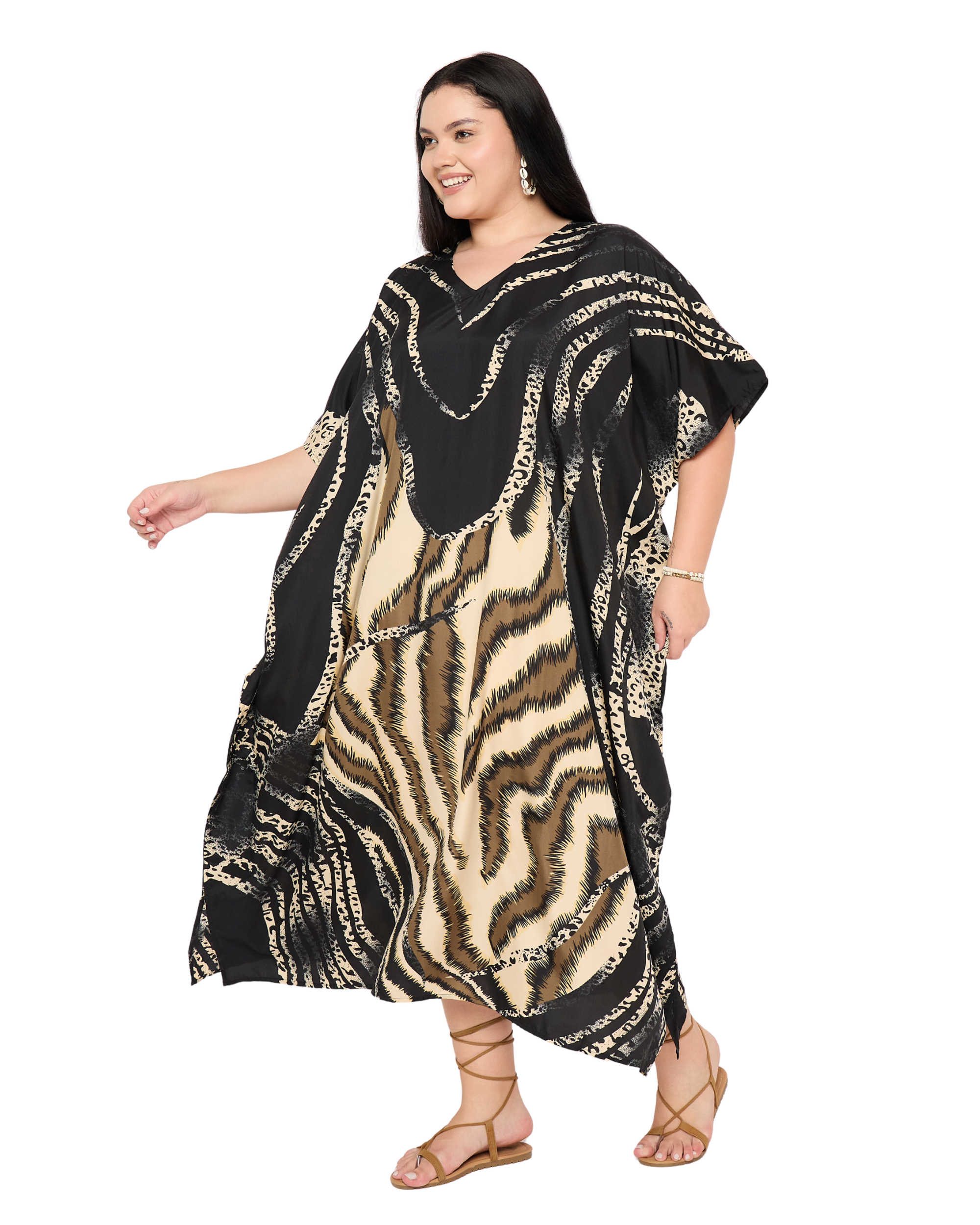 Black Striped Polyester Women Plus Size Caftan Dress