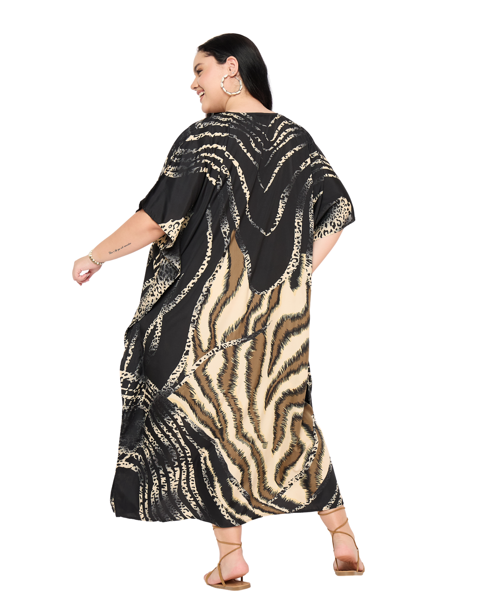 Black Striped Polyester Women Plus Size Caftan Dress