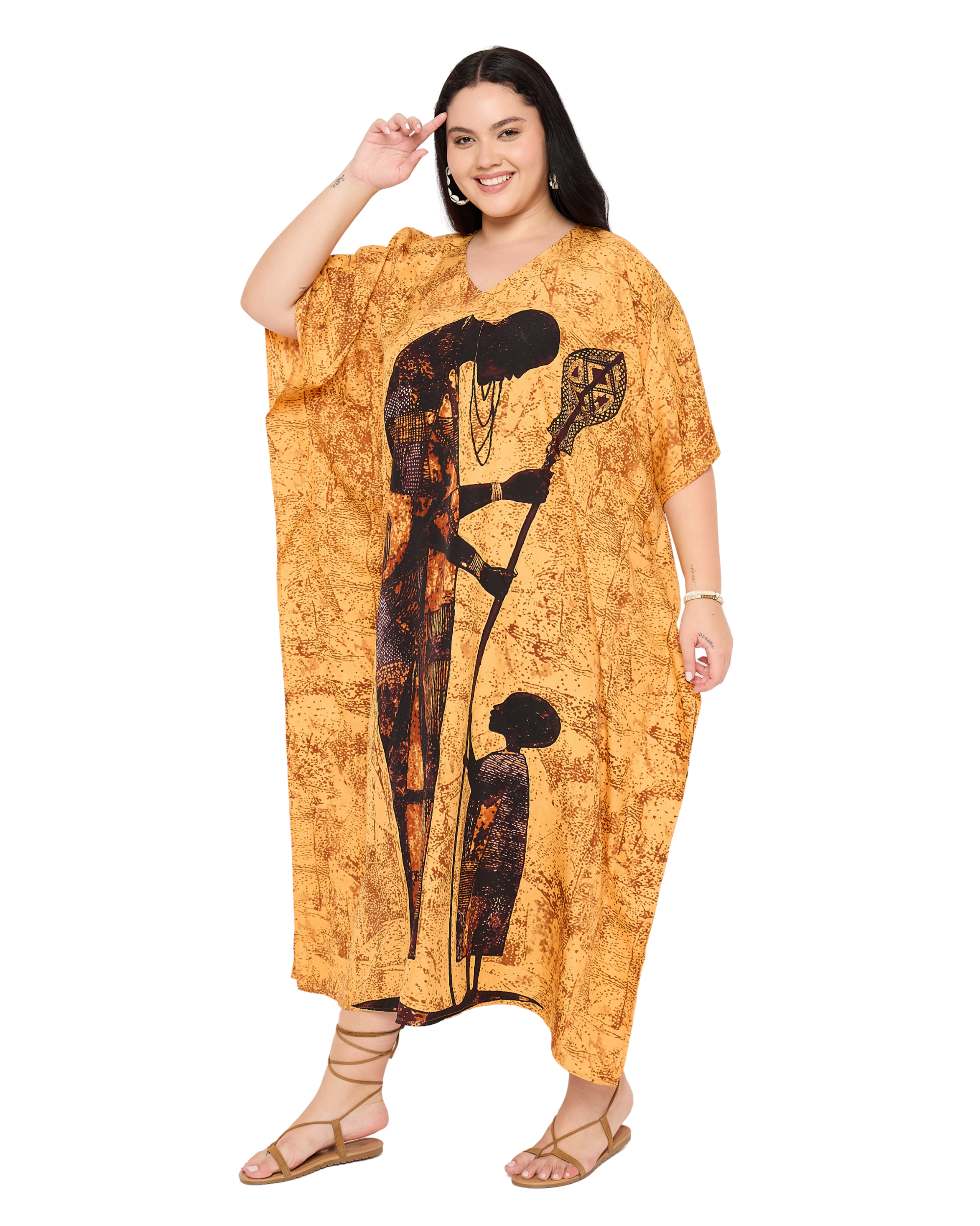 Yellow Tribal Polyester Women Plus Size Caftan Dress