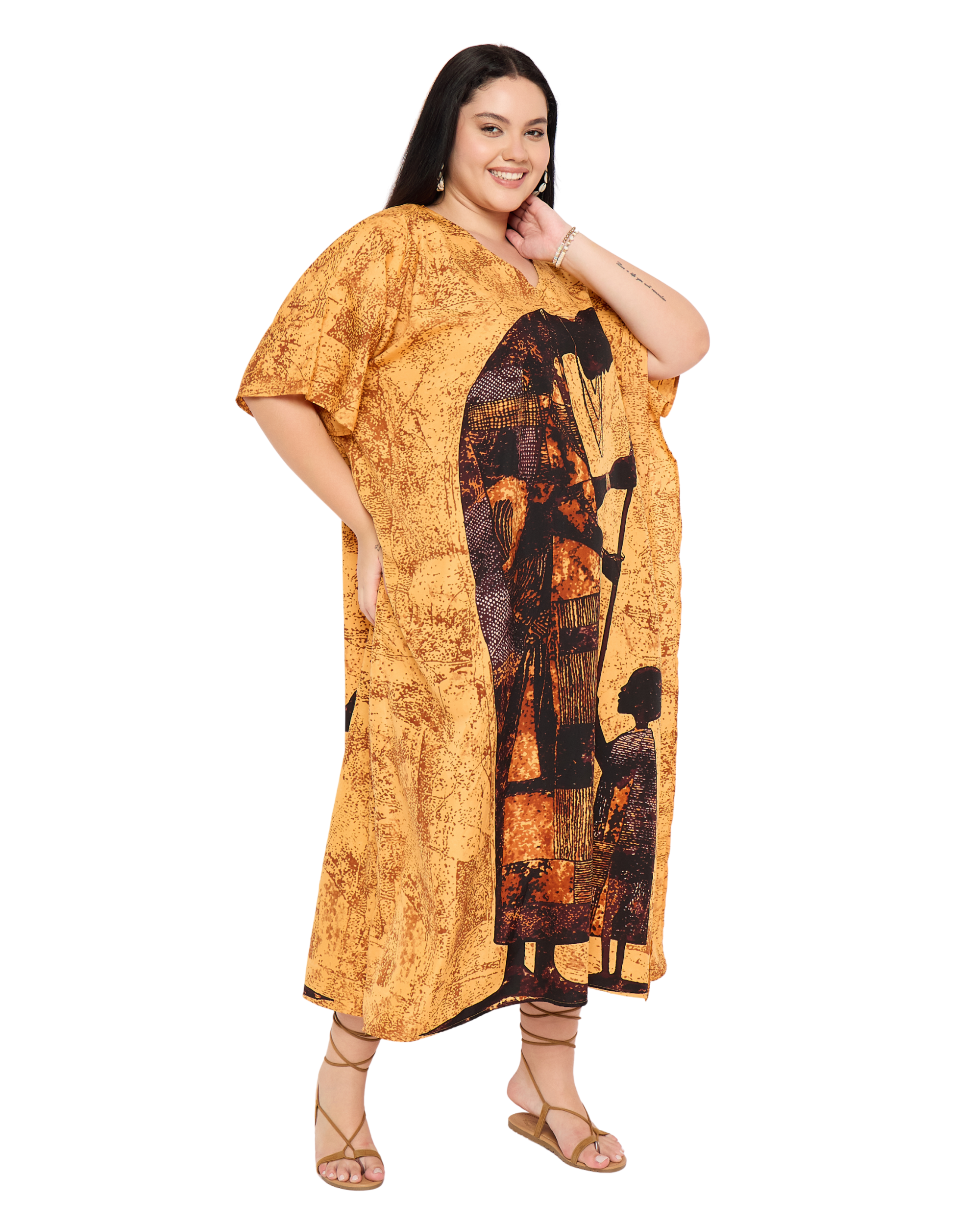 Yellow Tribal Polyester Women Plus Size Caftan Dress