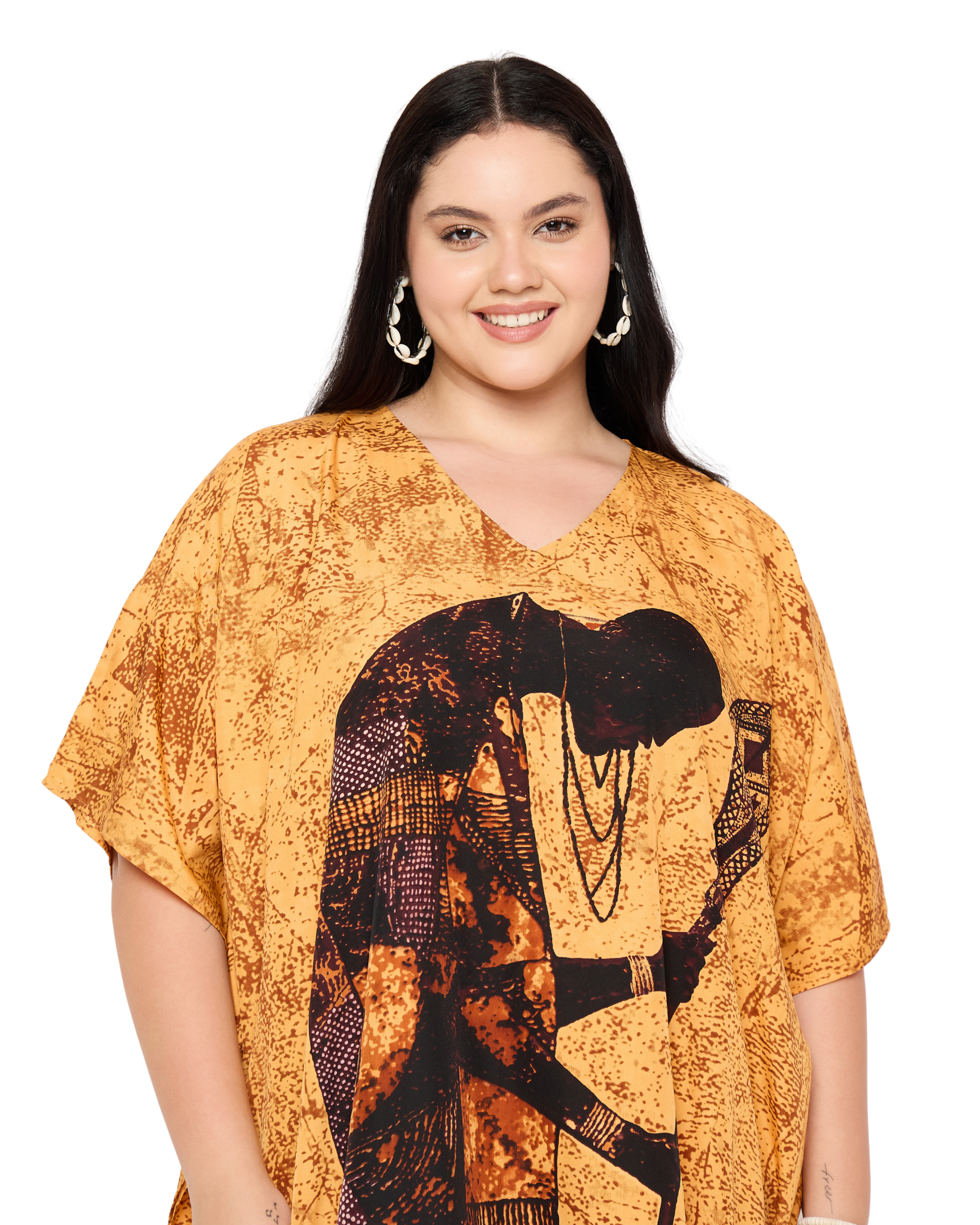 Yellow Tribal Polyester Women Plus Size Caftan Dress