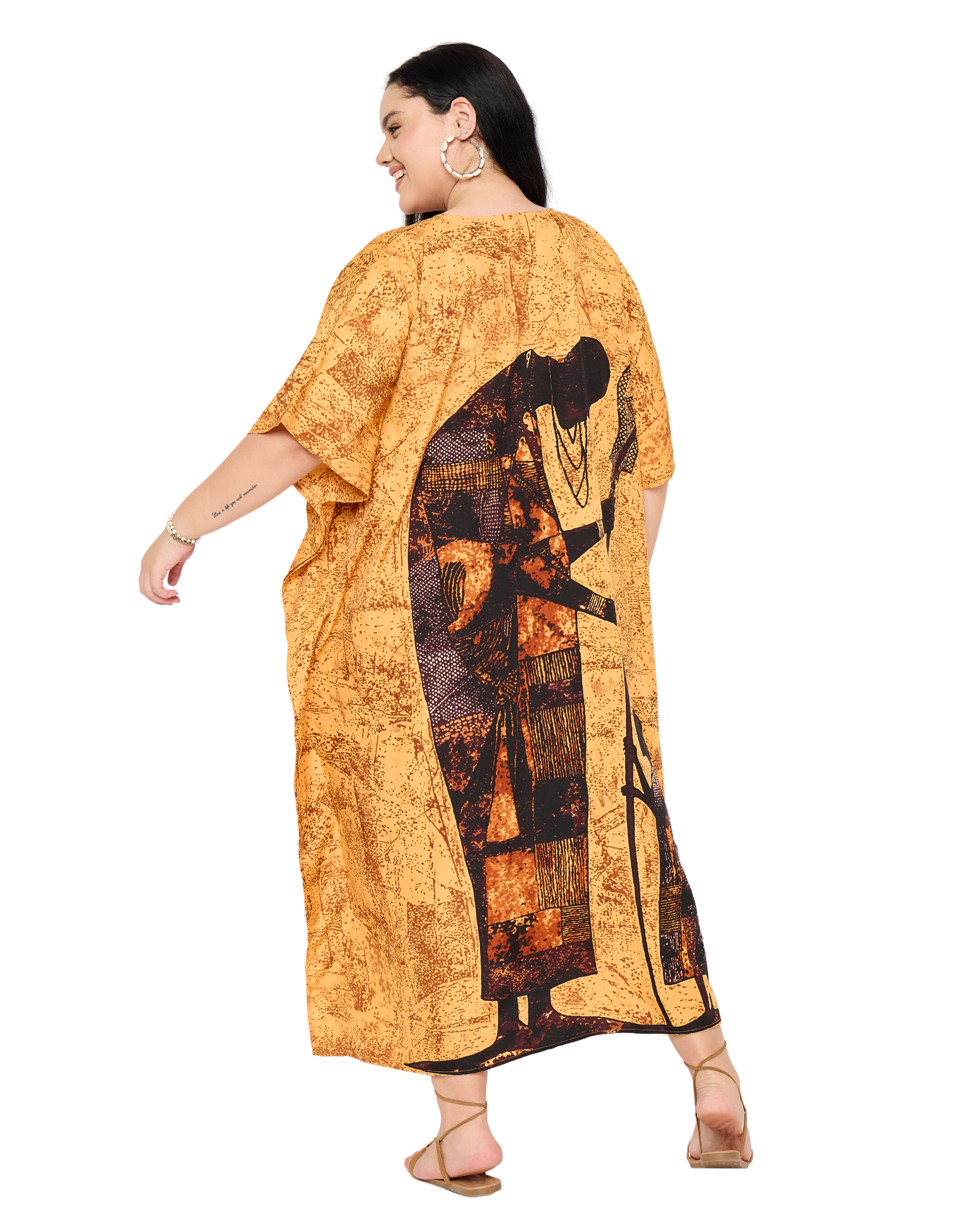 Yellow Tribal Polyester Women Plus Size Caftan Dress