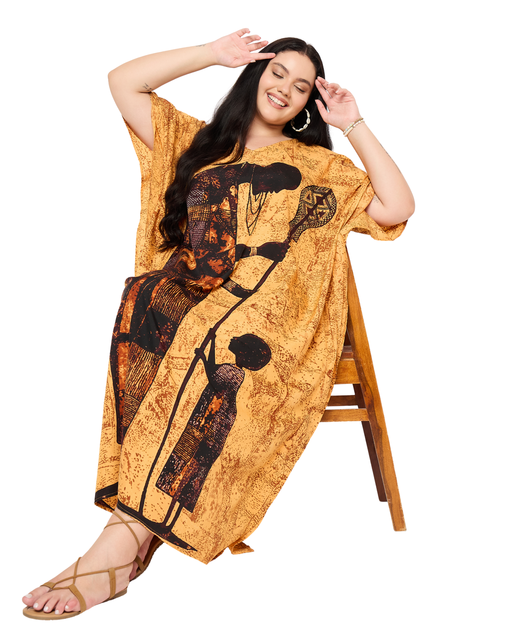 Yellow Tribal Polyester Women Plus Size Caftan Dress