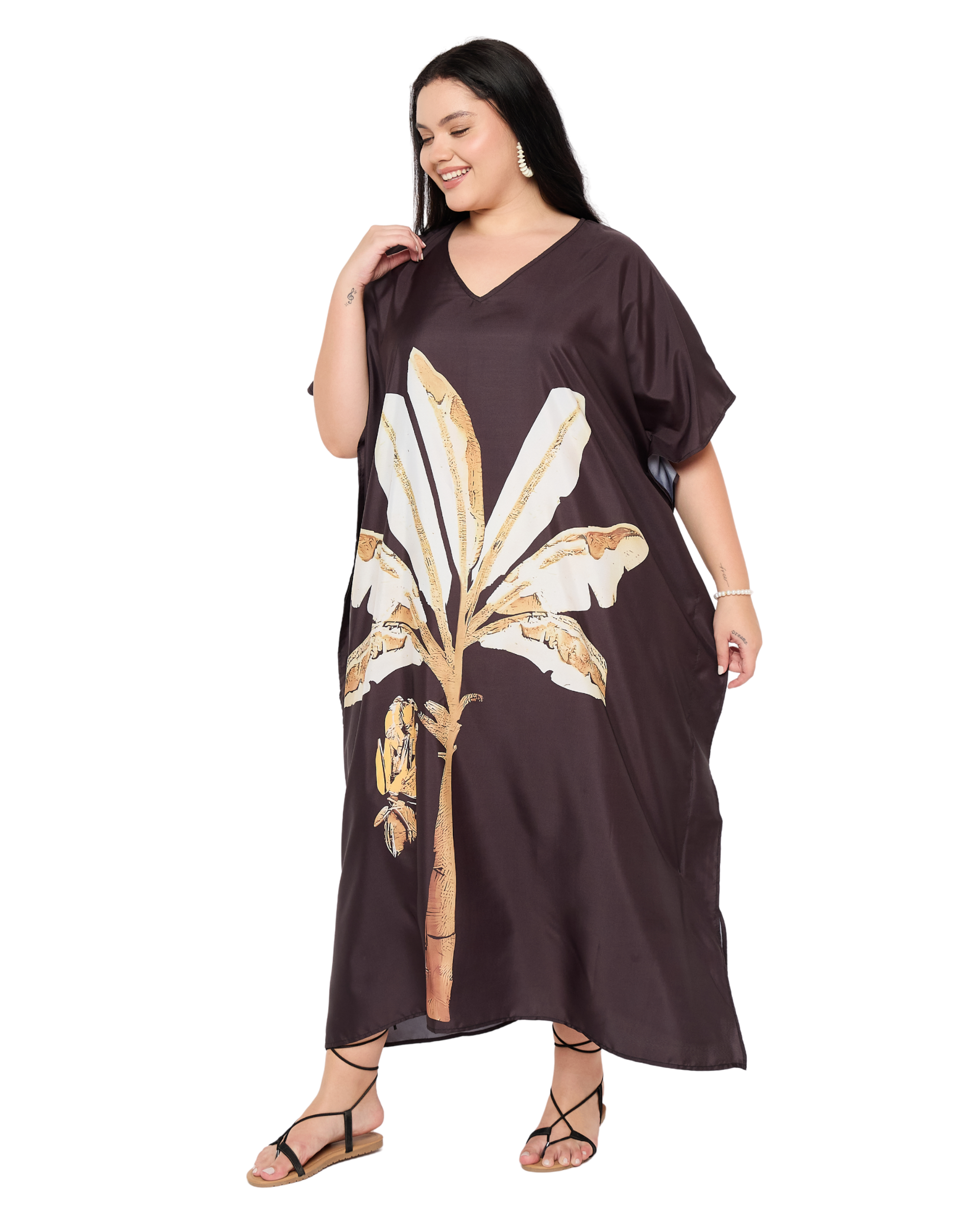 Brown Leaf Polyester Plus Size Beach Kaftan Cover Up for Women