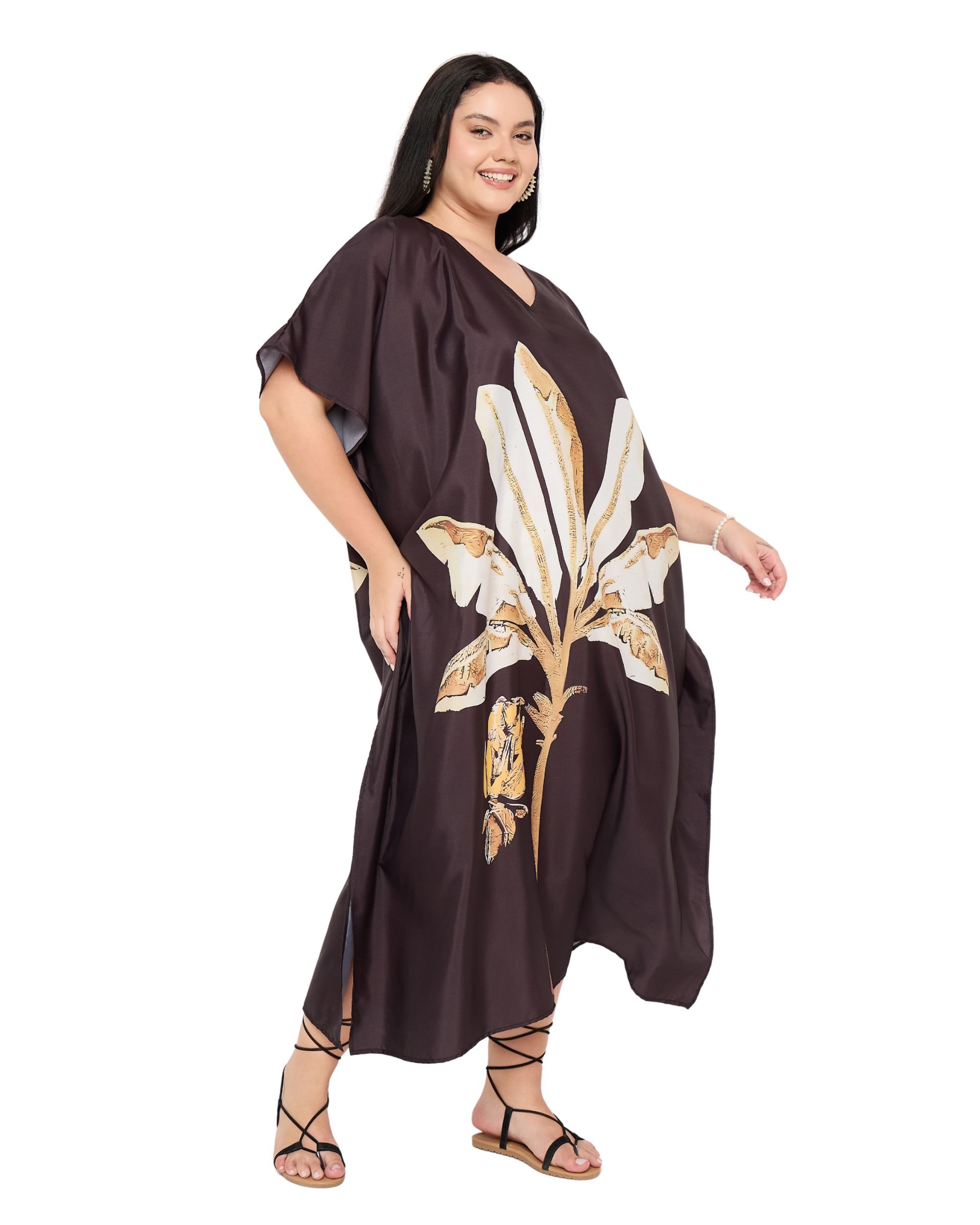 Brown Leaf Polyester Plus Size Beach Kaftan Cover Up for Women