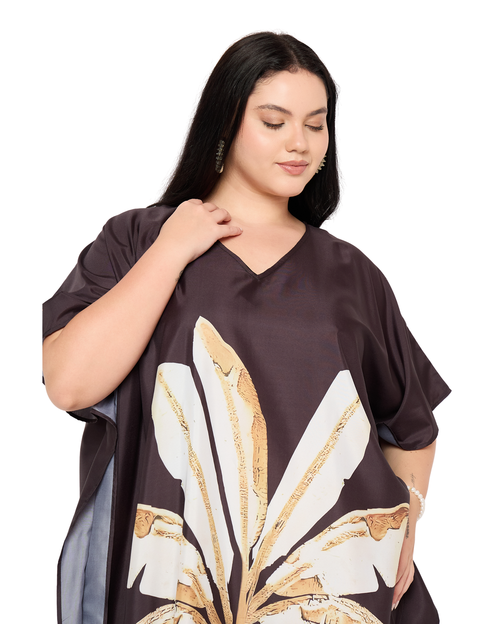 Brown Leaf Polyester Plus Size Beach Kaftan Cover Up for Women