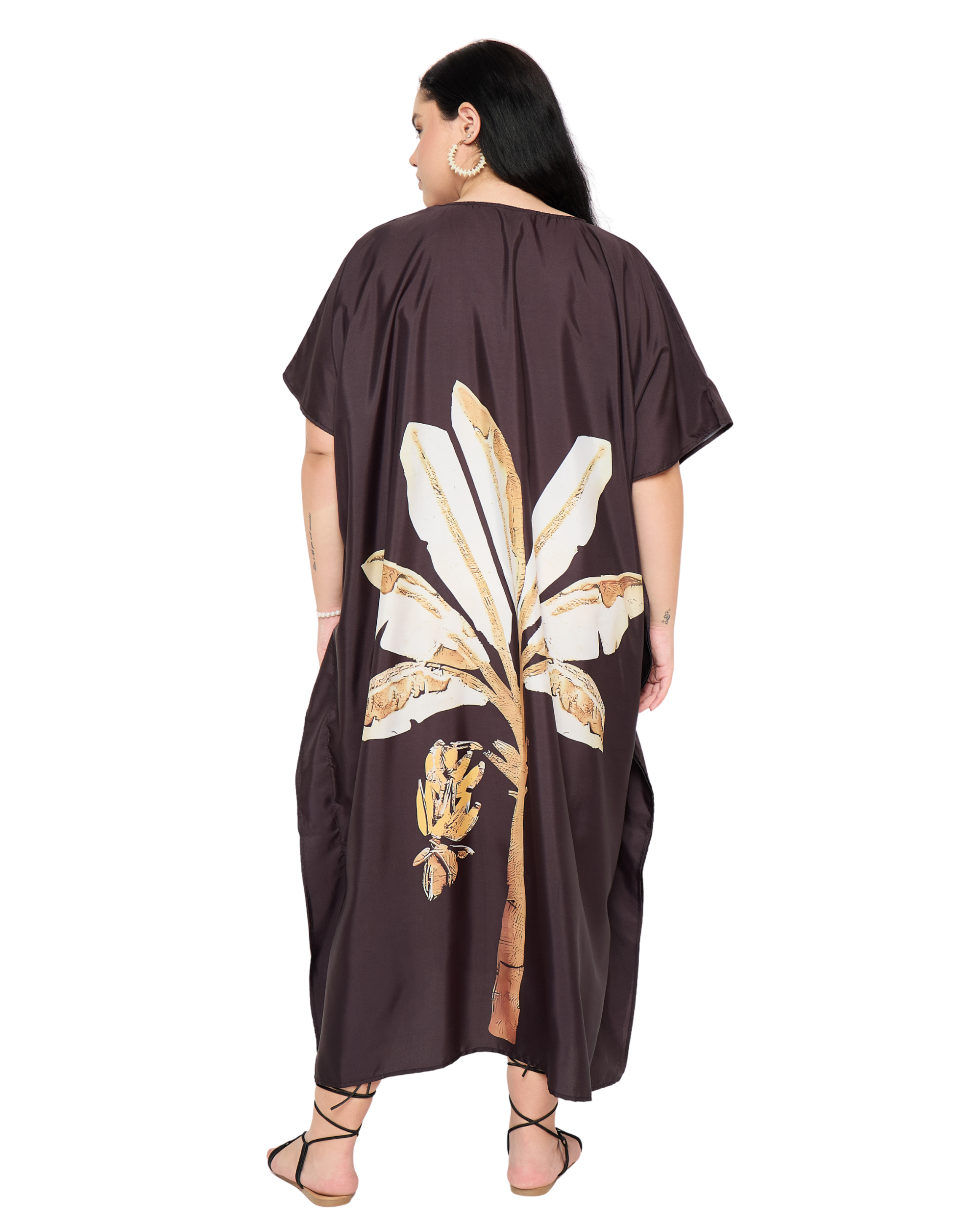 Brown Leaf Polyester Plus Size Beach Kaftan Cover Up for Women