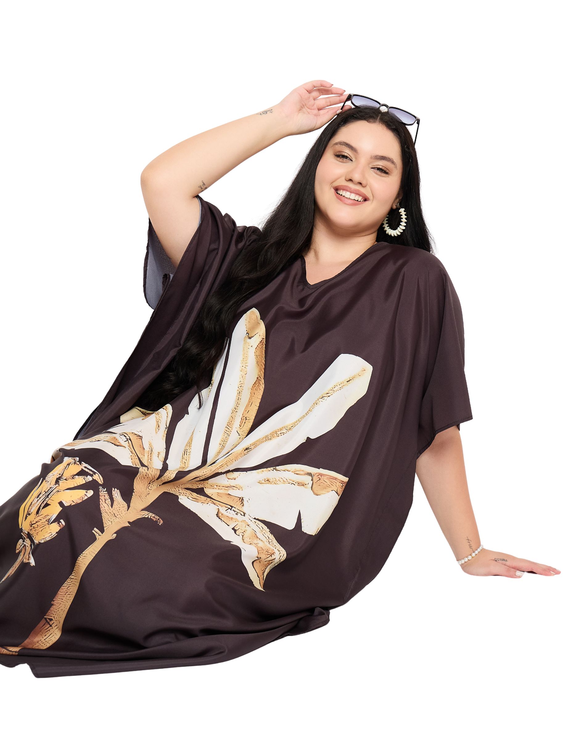 Brown Leaf Polyester Plus Size Beach Kaftan Cover Up for Women