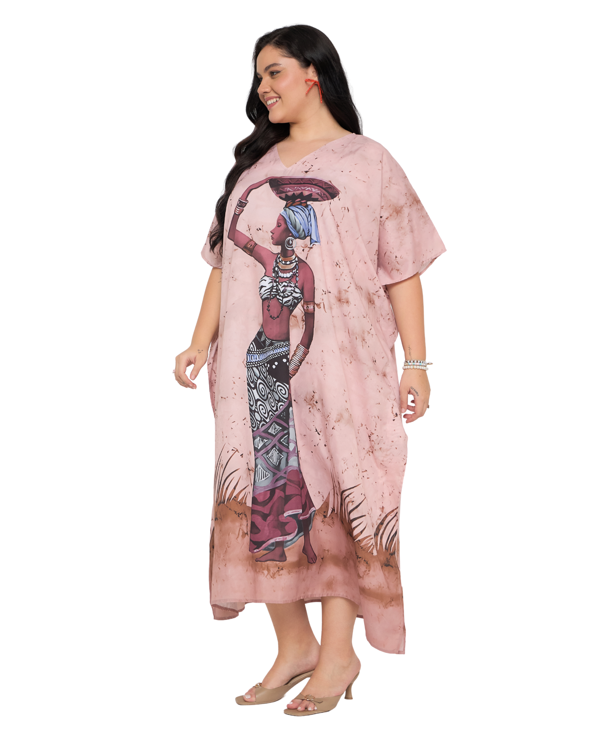 Dusty Pink Tribal Polyester Women Plus Size Caftan Dress