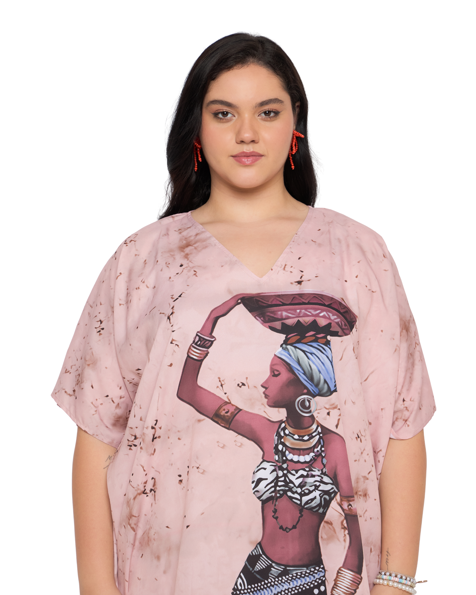 Dusty Pink Tribal Polyester Women Plus Size Caftan Dress