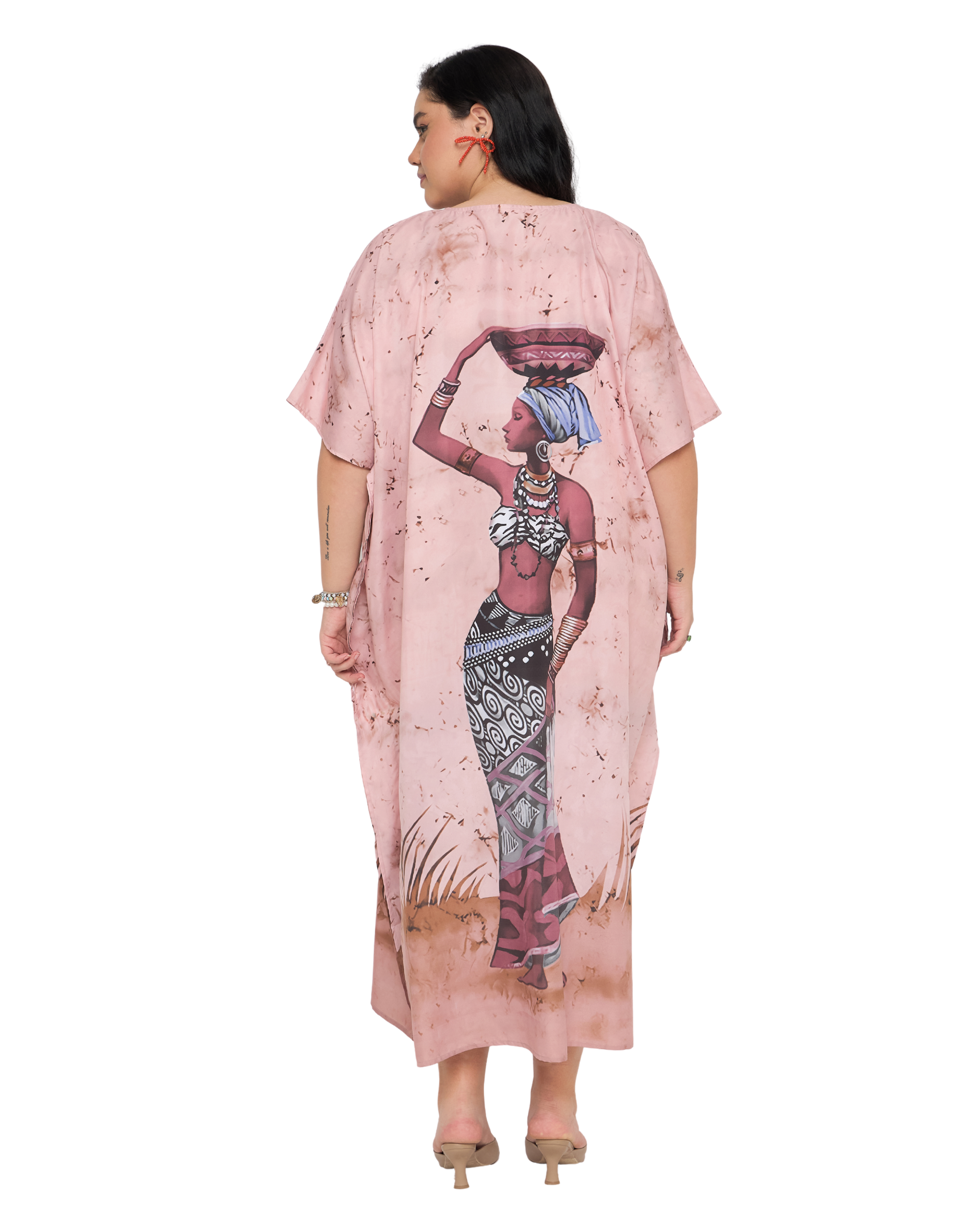 Dusty Pink Tribal Polyester Women Plus Size Caftan Dress