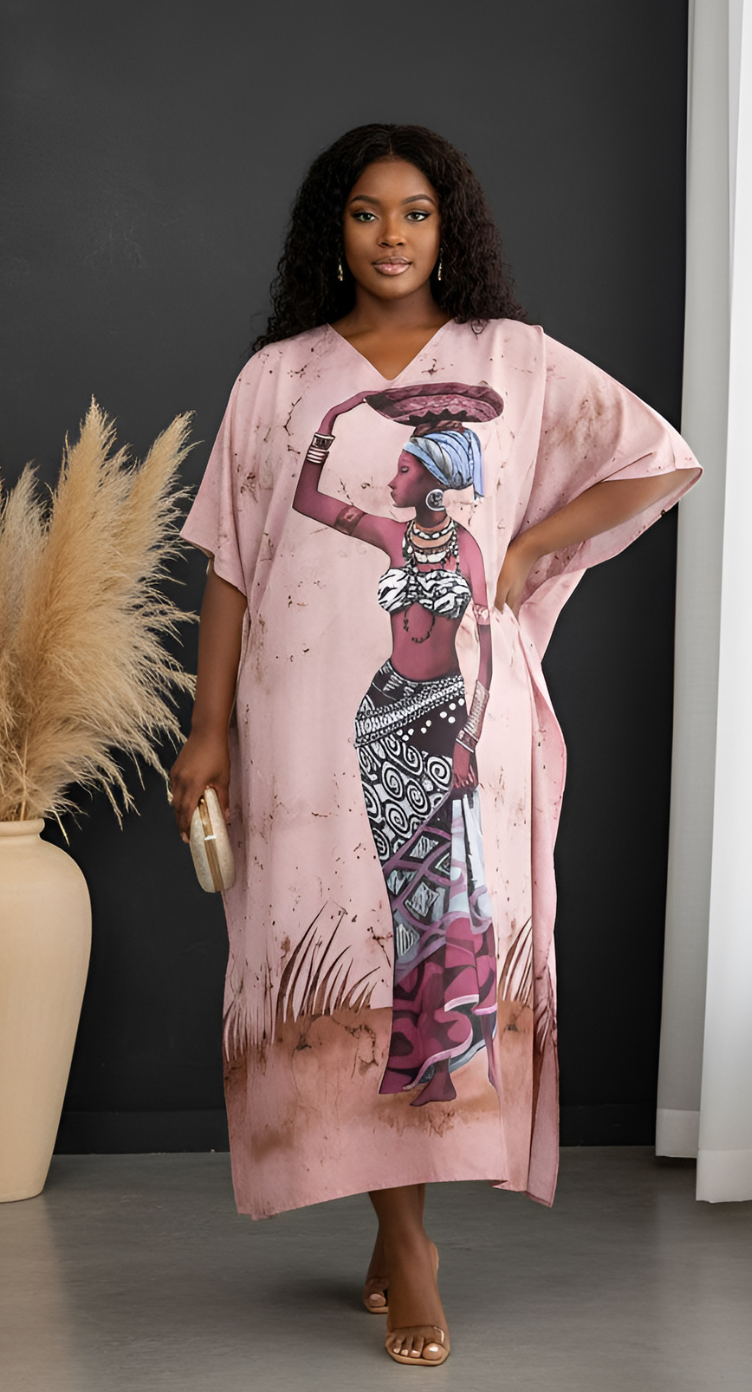 Dusty Pink Tribal Polyester Women Plus Size Caftan Dress
