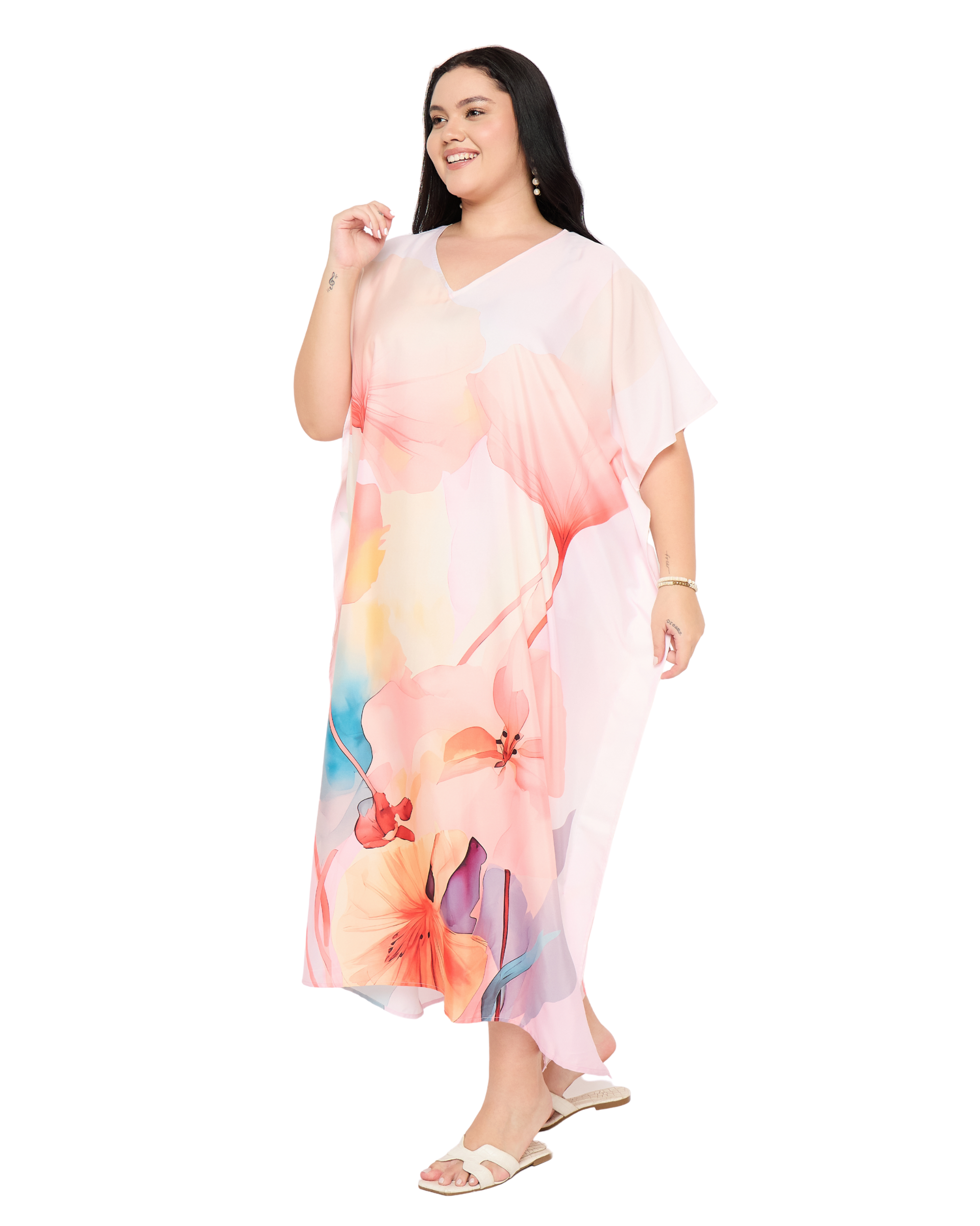 Light Pink Floral Polyester Women Plus Size Caftan Nightgown
