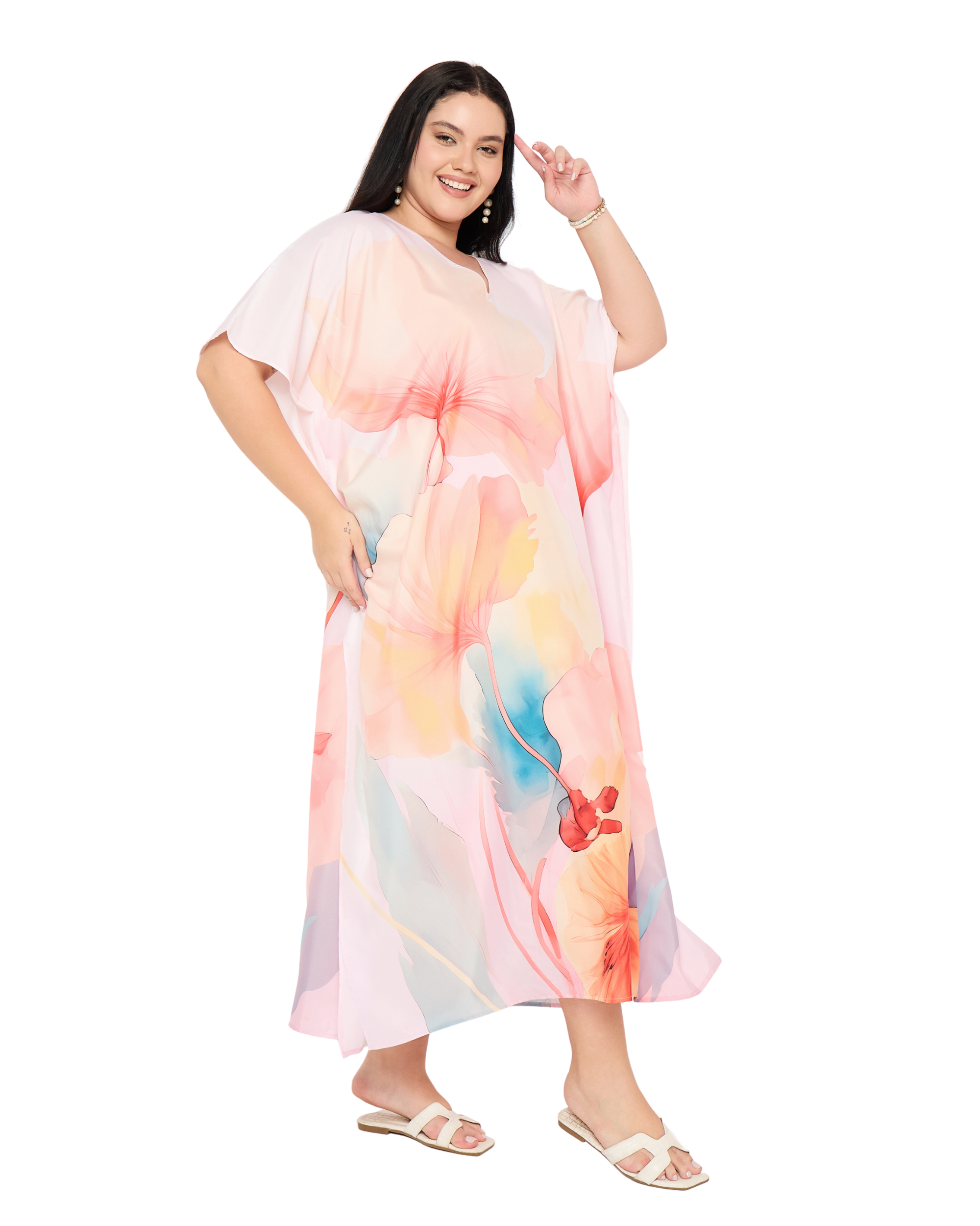 Light Pink Floral Polyester Women Plus Size Caftan Nightgown