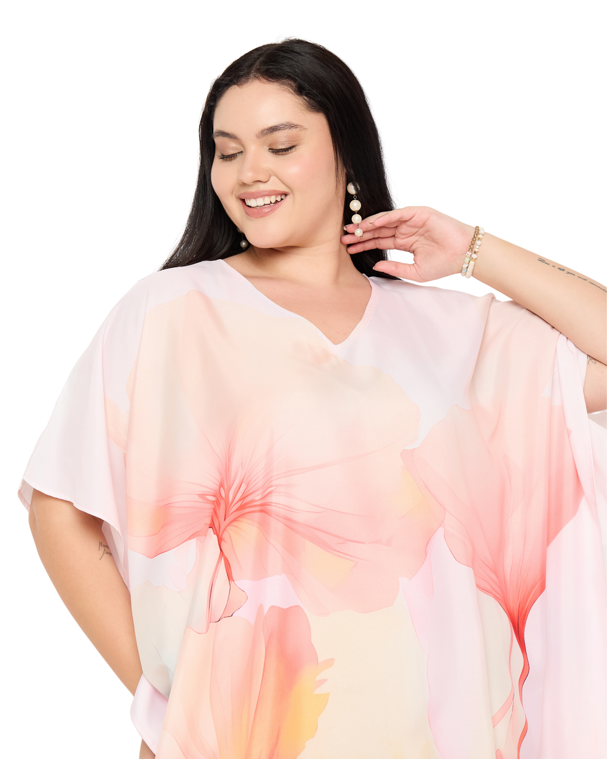 Light Pink Floral Polyester Women Plus Size Caftan Nightgown