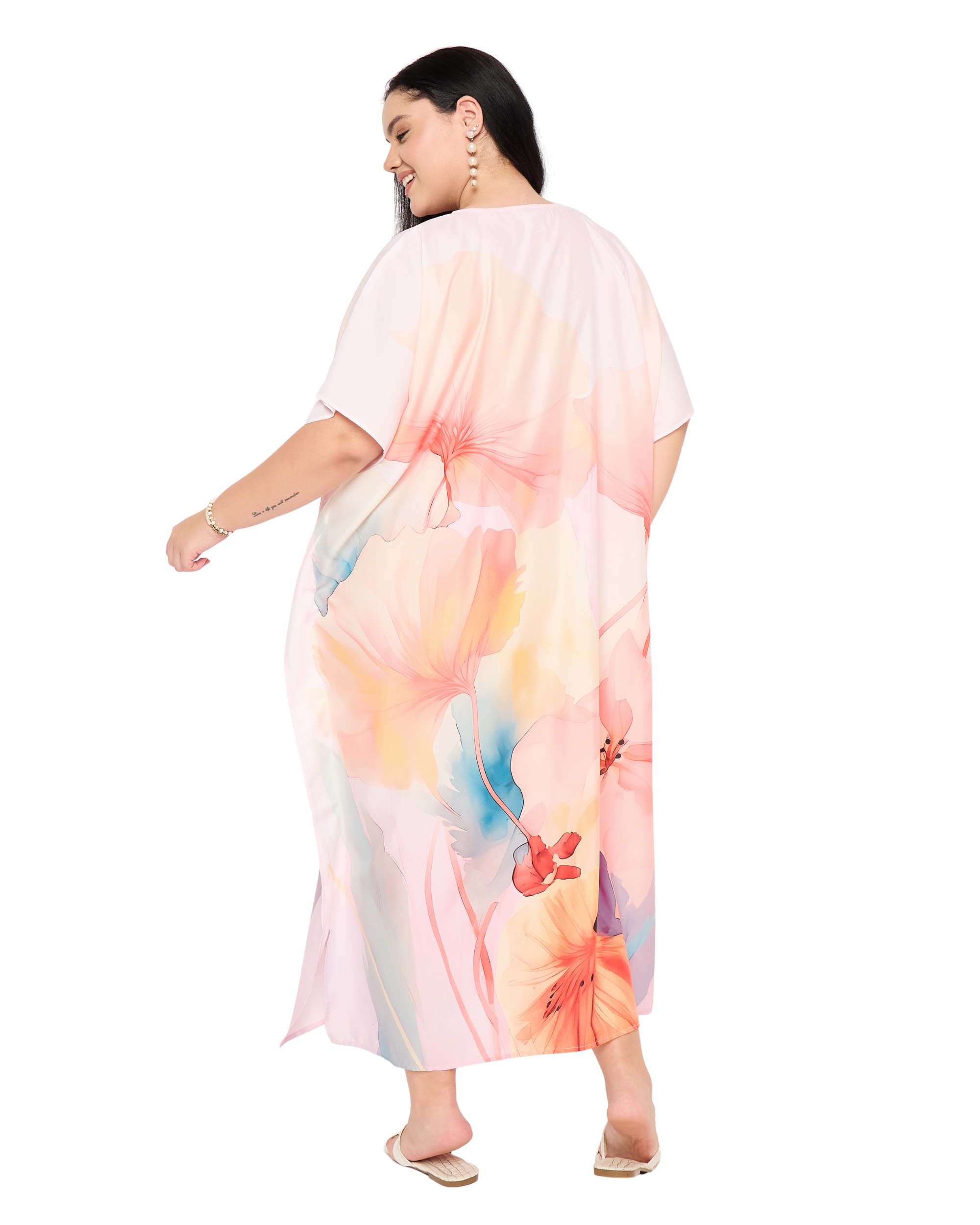 Light Pink Floral Polyester Women Plus Size Caftan Nightgown
