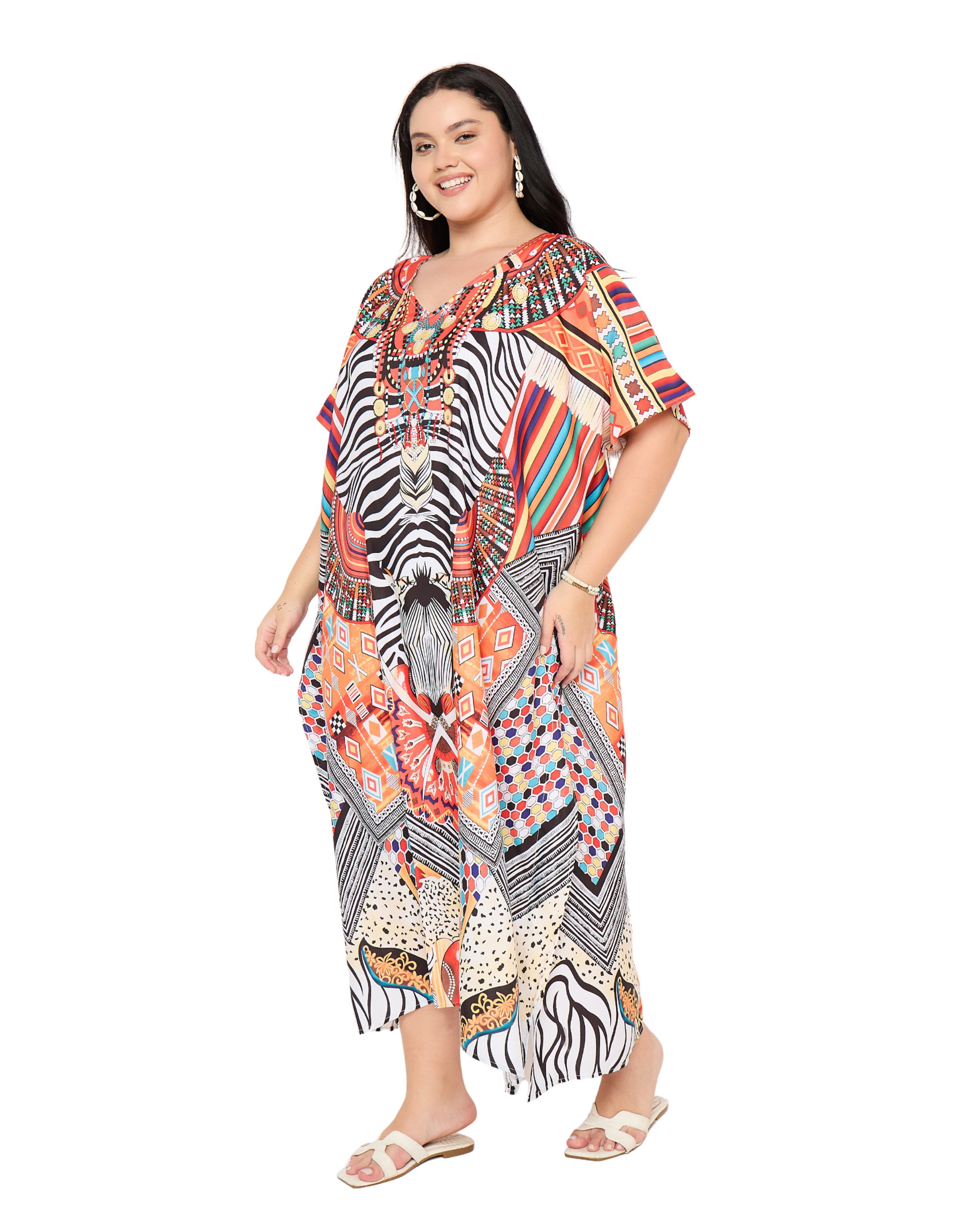Black And White Tribal Elegant Plus Size Kaftan Dress for Women