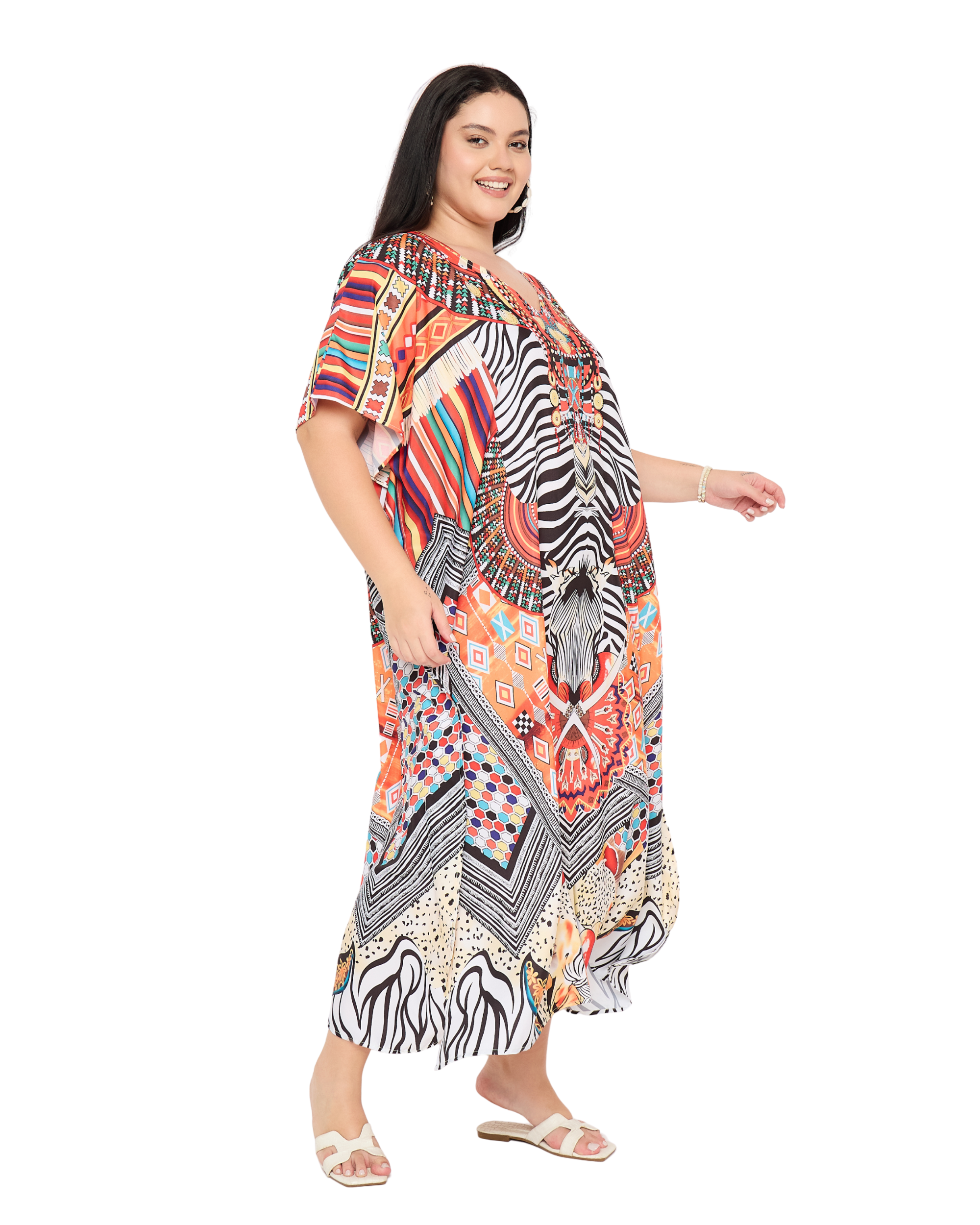 Black And White Tribal Elegant Plus Size Kaftan Dress for Women