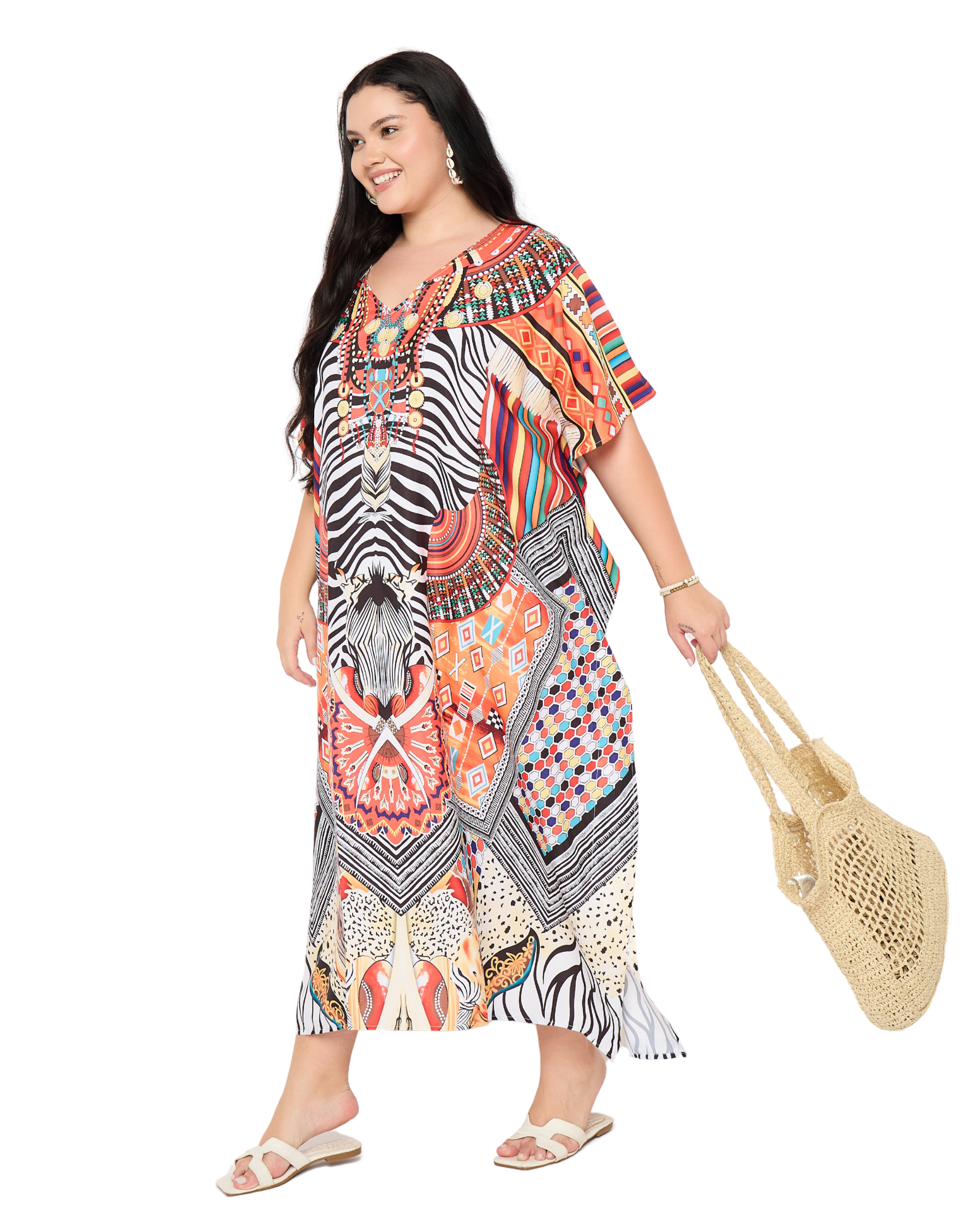Black And White Tribal Elegant Plus Size Kaftan Dress for Women