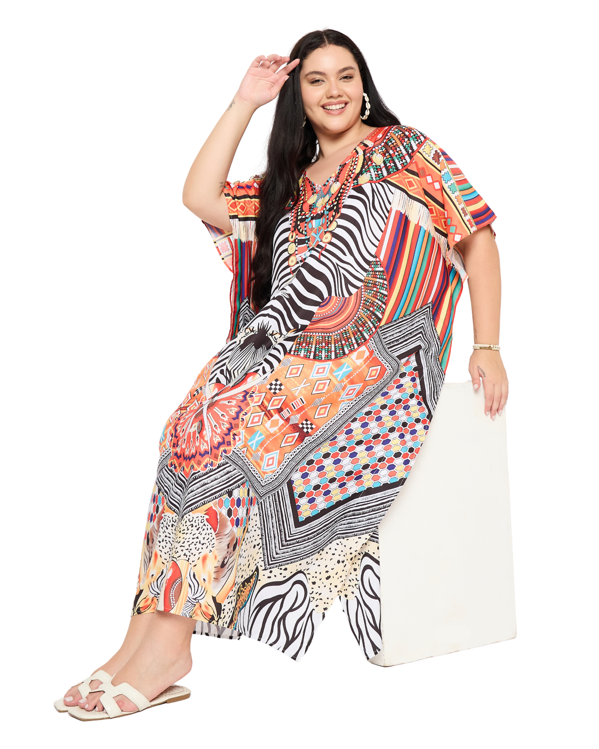 Black And White Tribal Elegant Plus Size Kaftan Dress for Women