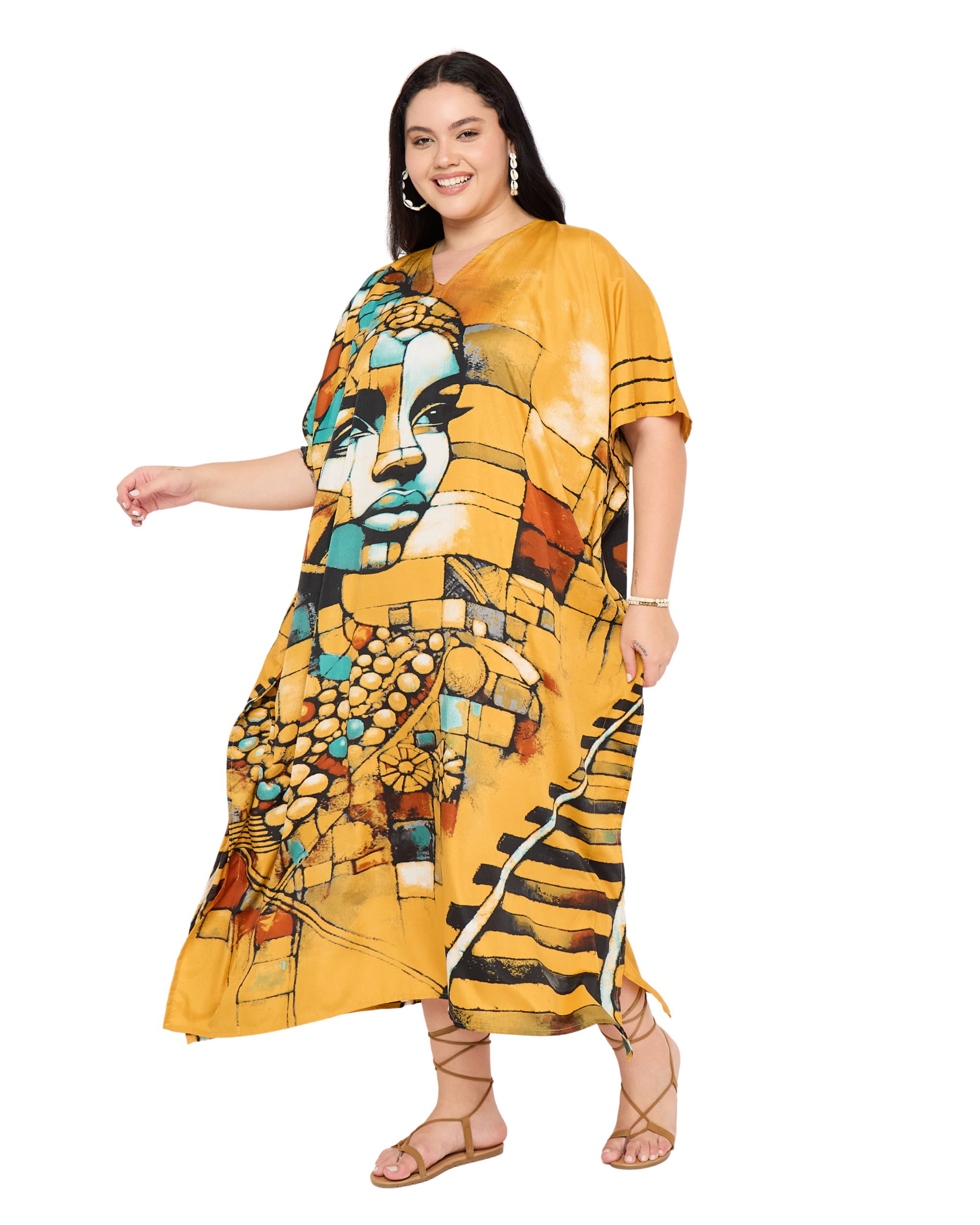 Yellow Tribal Polyester Women Plus Size Loungewear Caftan