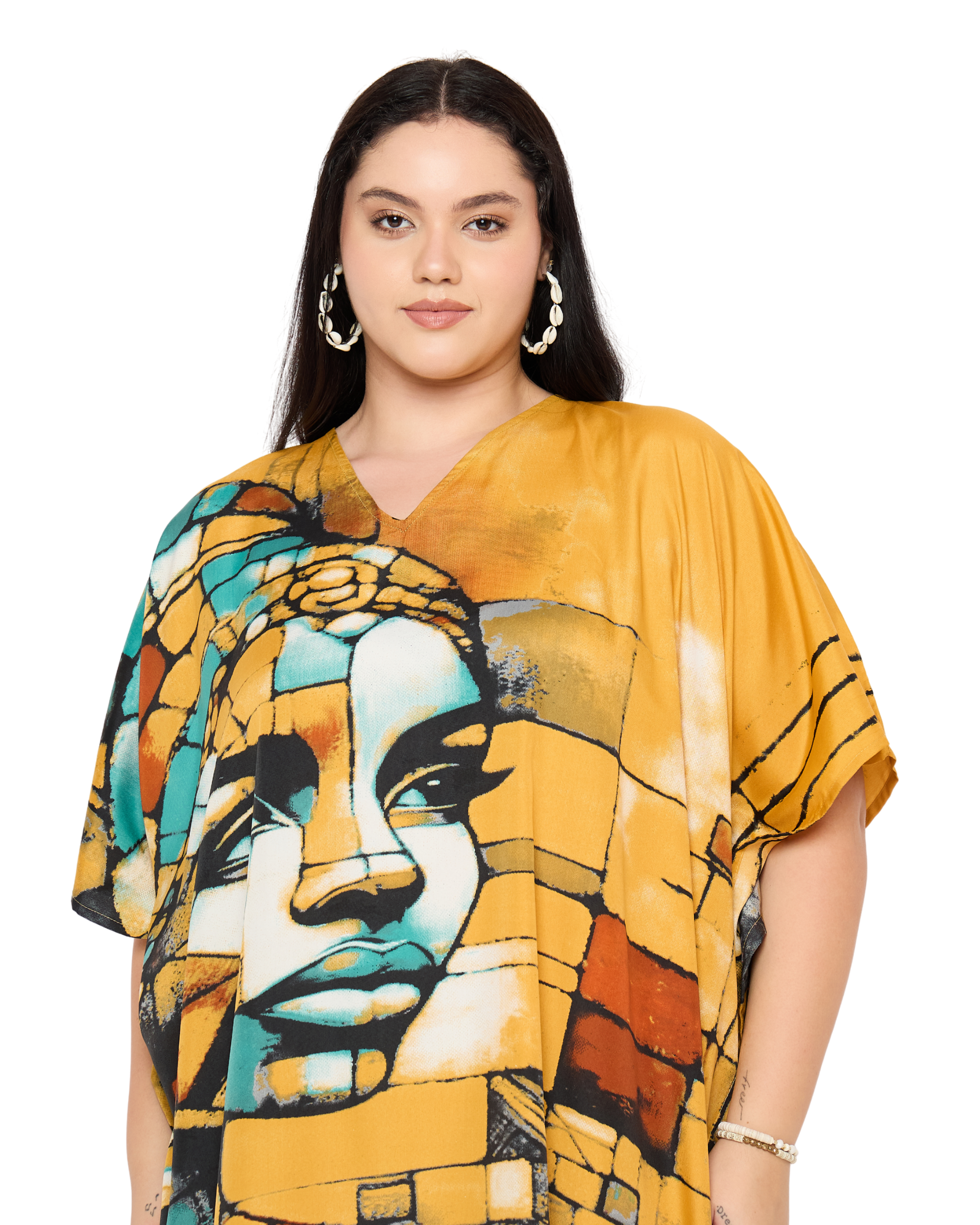 Yellow Tribal Polyester Women Plus Size Loungewear Caftan
