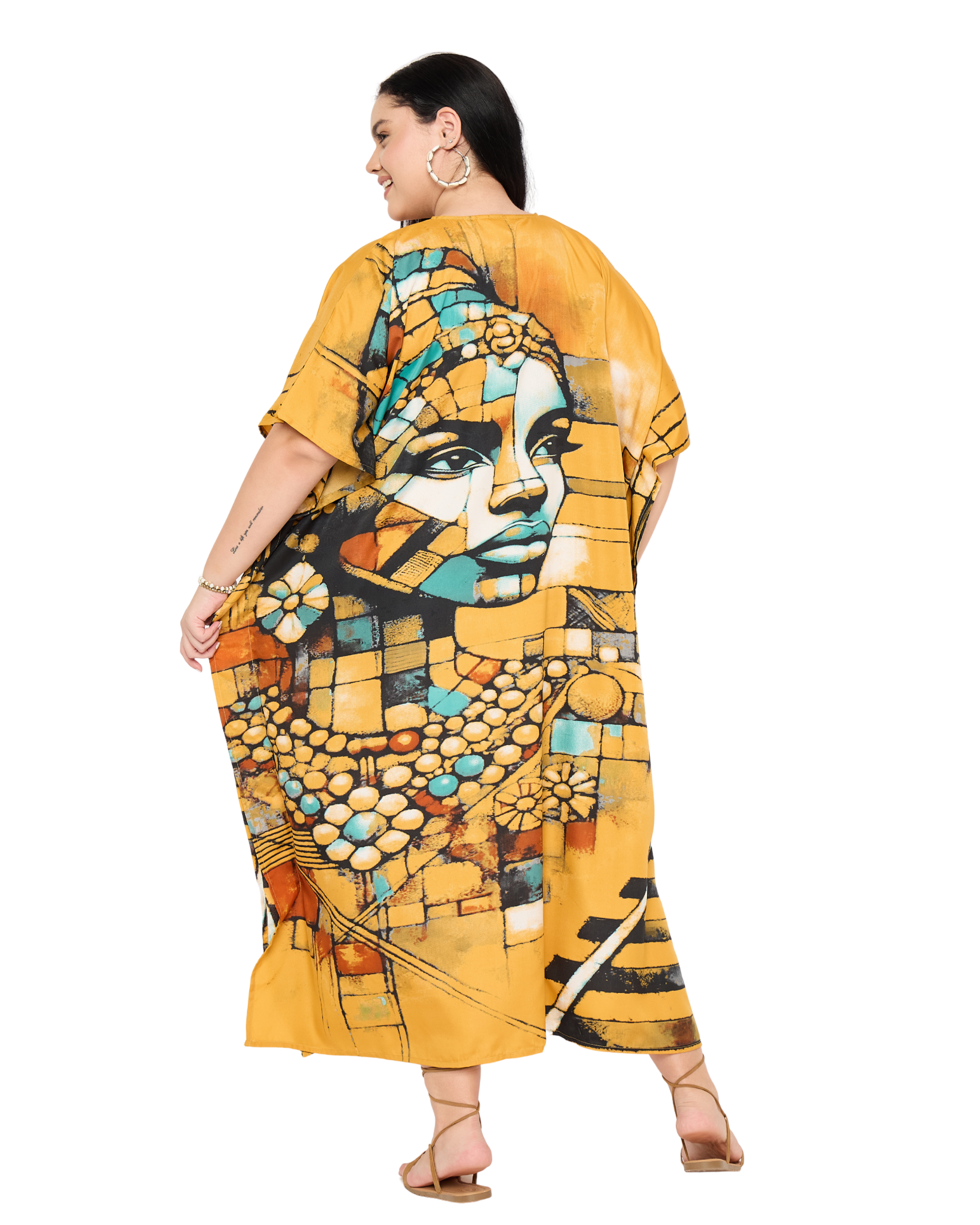 Yellow Tribal Polyester Women Plus Size Loungewear Caftan