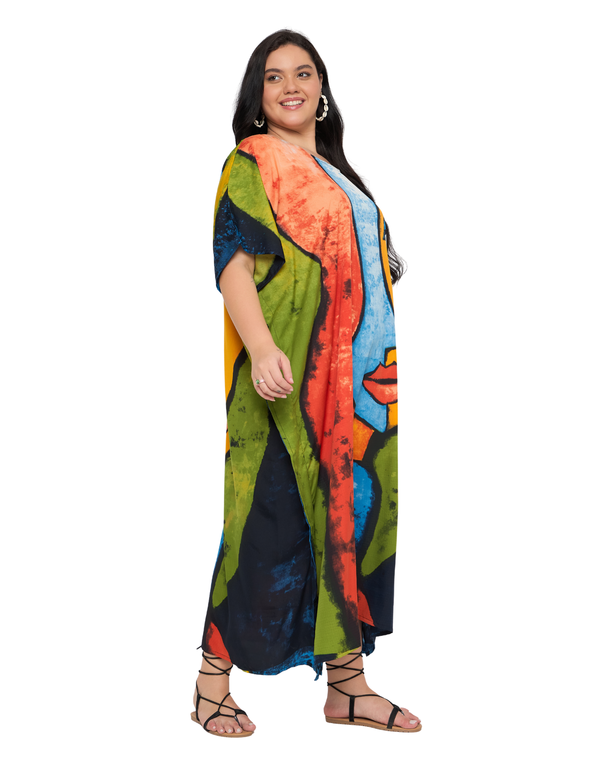 Red & Green Lady Face Polyester Plus Size Kaftan Dress for Women