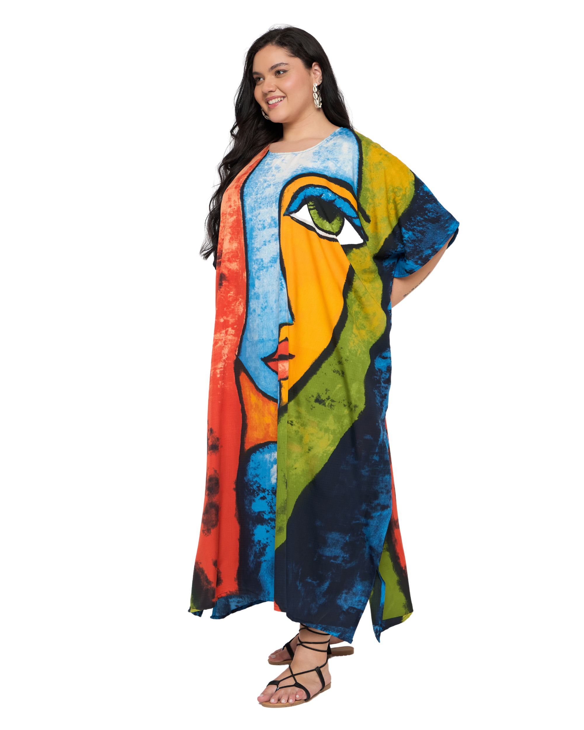 Red & Green Lady Face Polyester Plus Size Kaftan Dress for Women