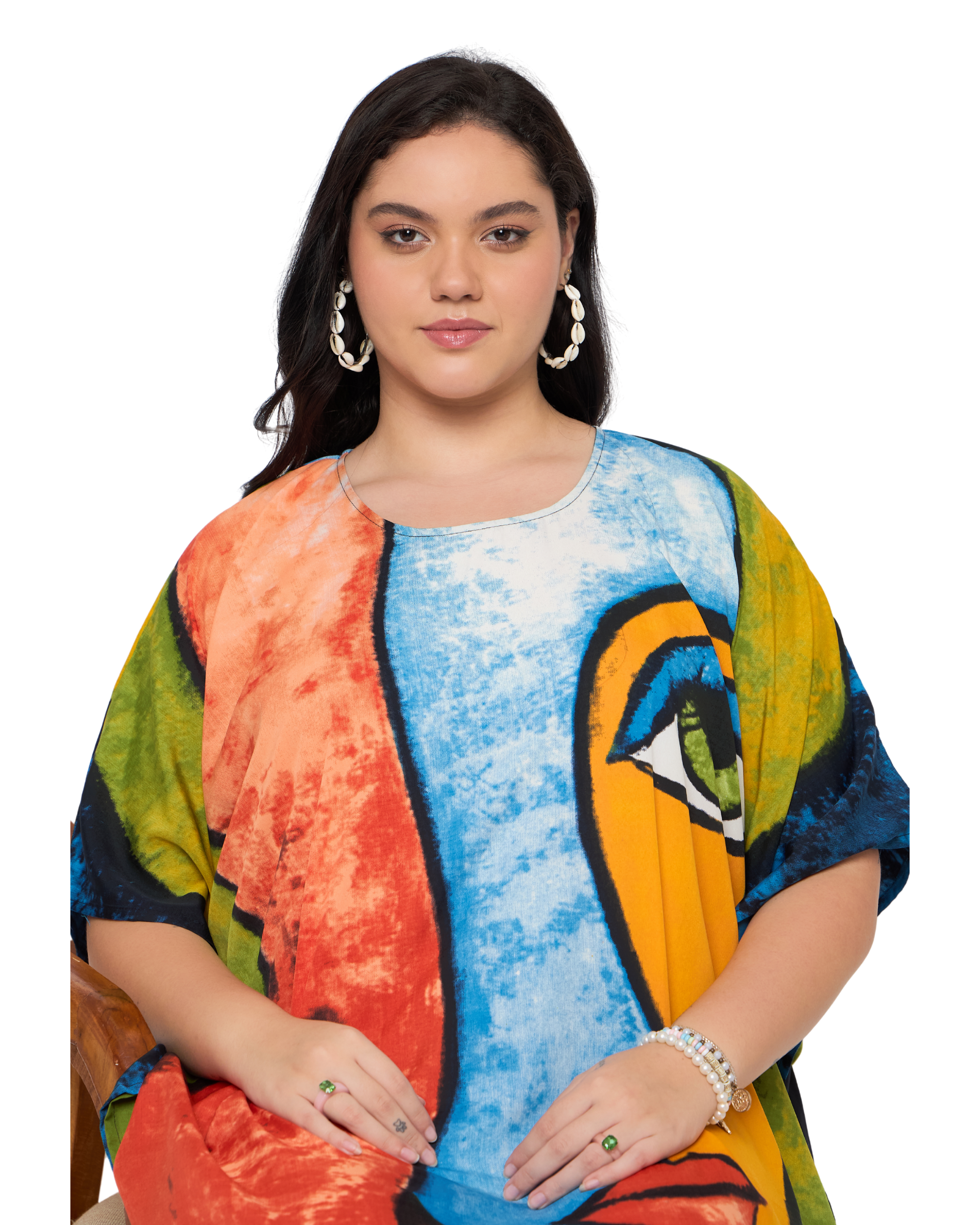 Red & Green Lady Face Polyester Plus Size Kaftan Dress for Women