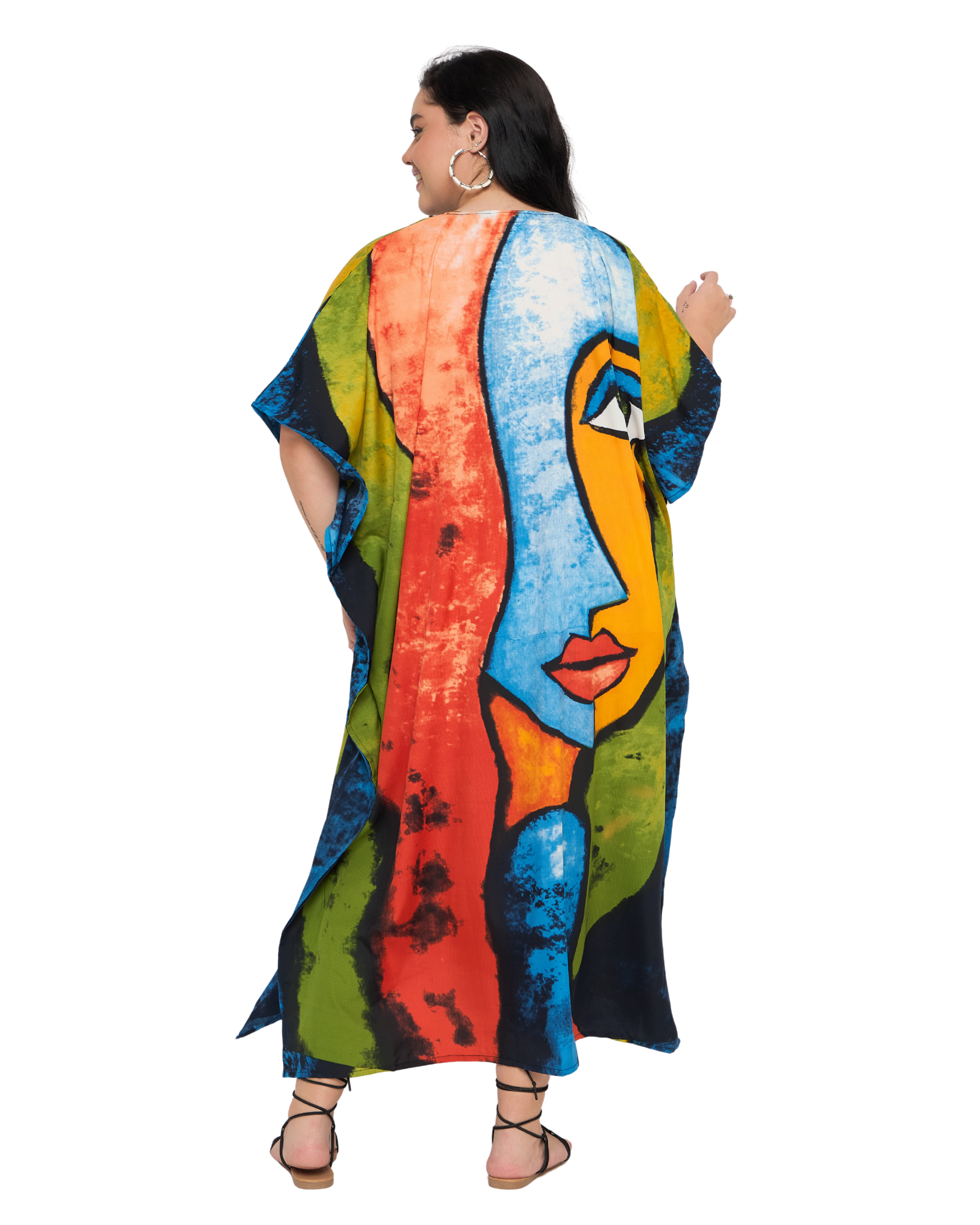 Red & Green Lady Face Polyester Plus Size Kaftan Dress for Women