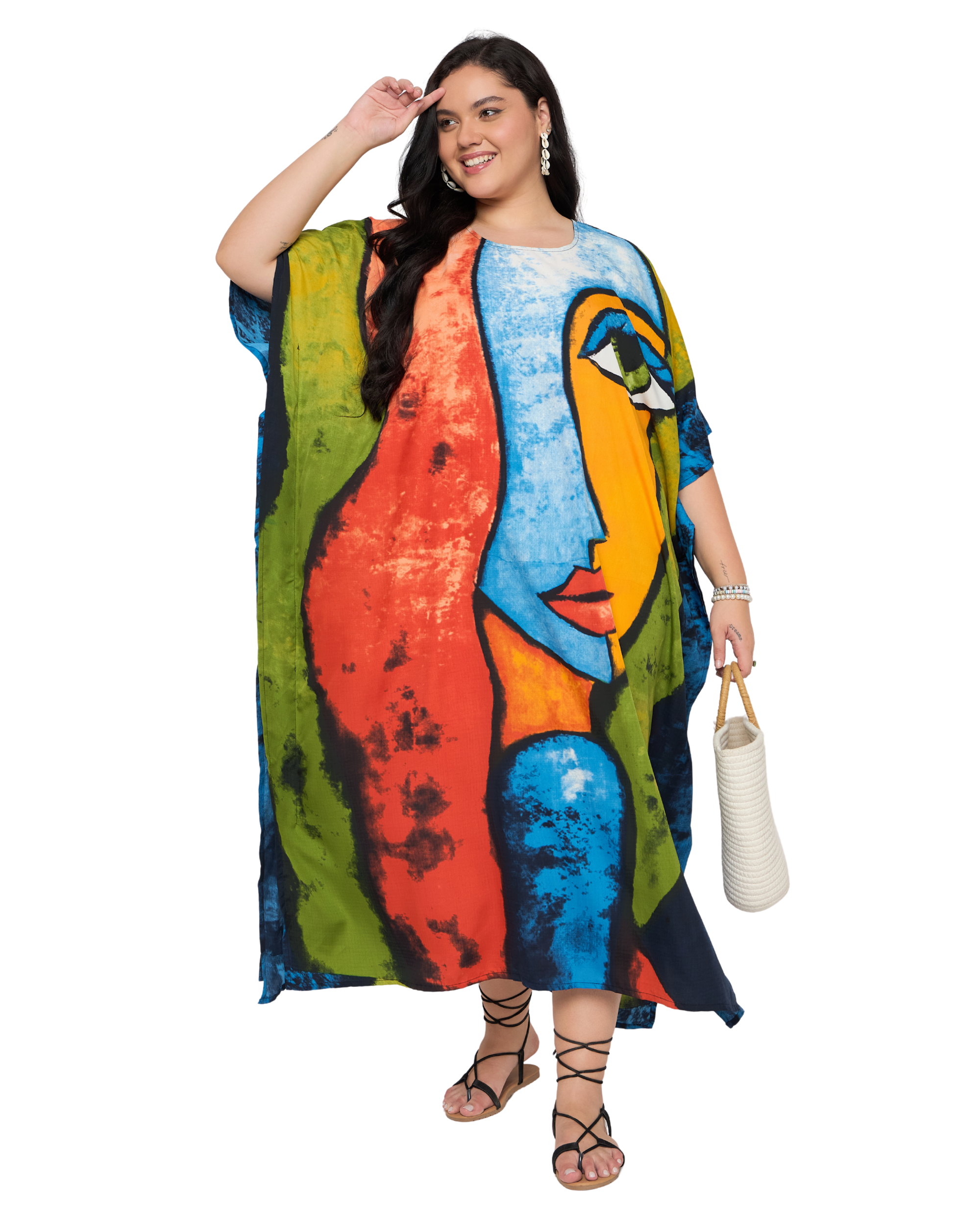 Red & Green Lady Face Polyester Plus Size Kaftan Dress for Women