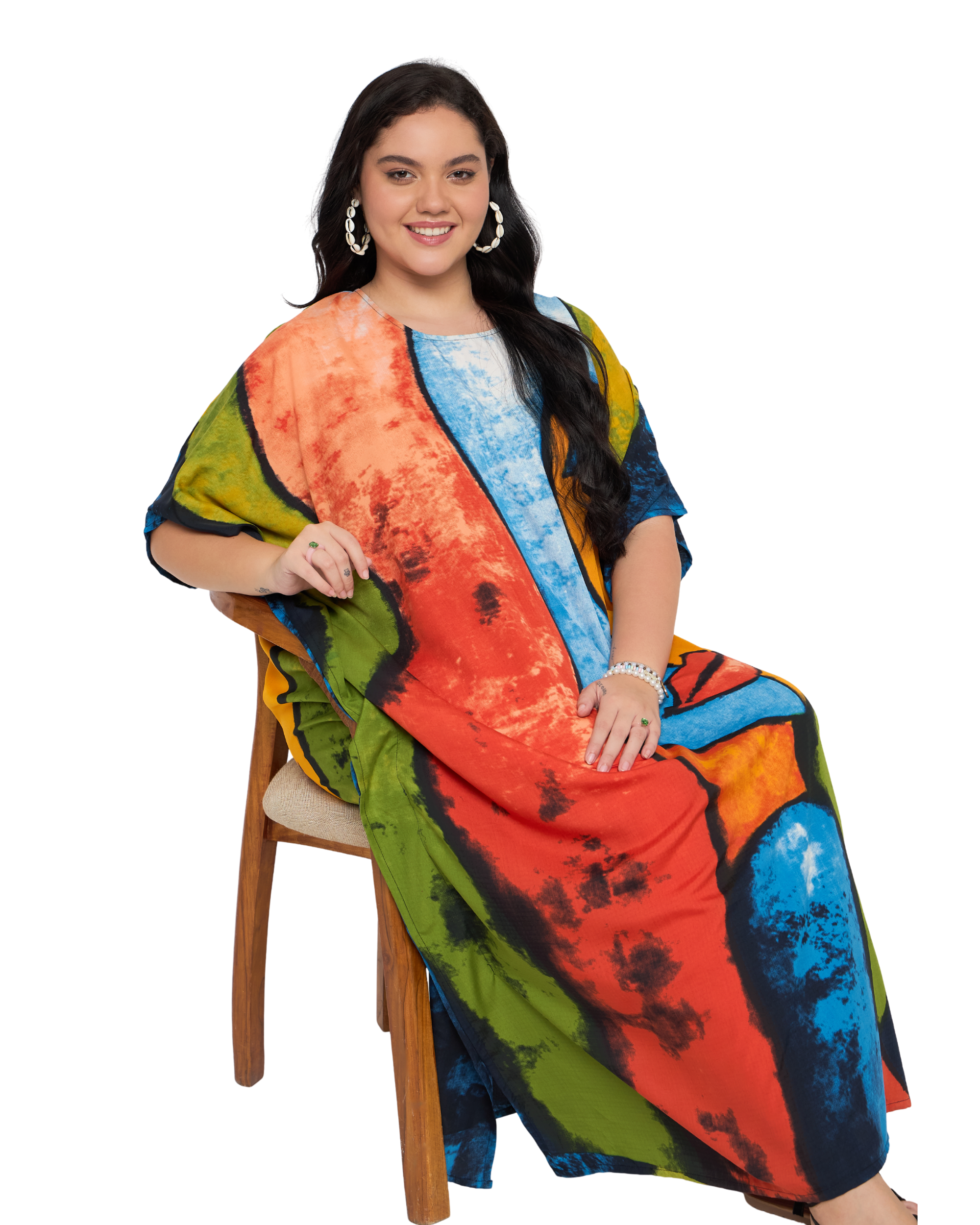 Red & Green Lady Face Polyester Plus Size Kaftan Dress for Women