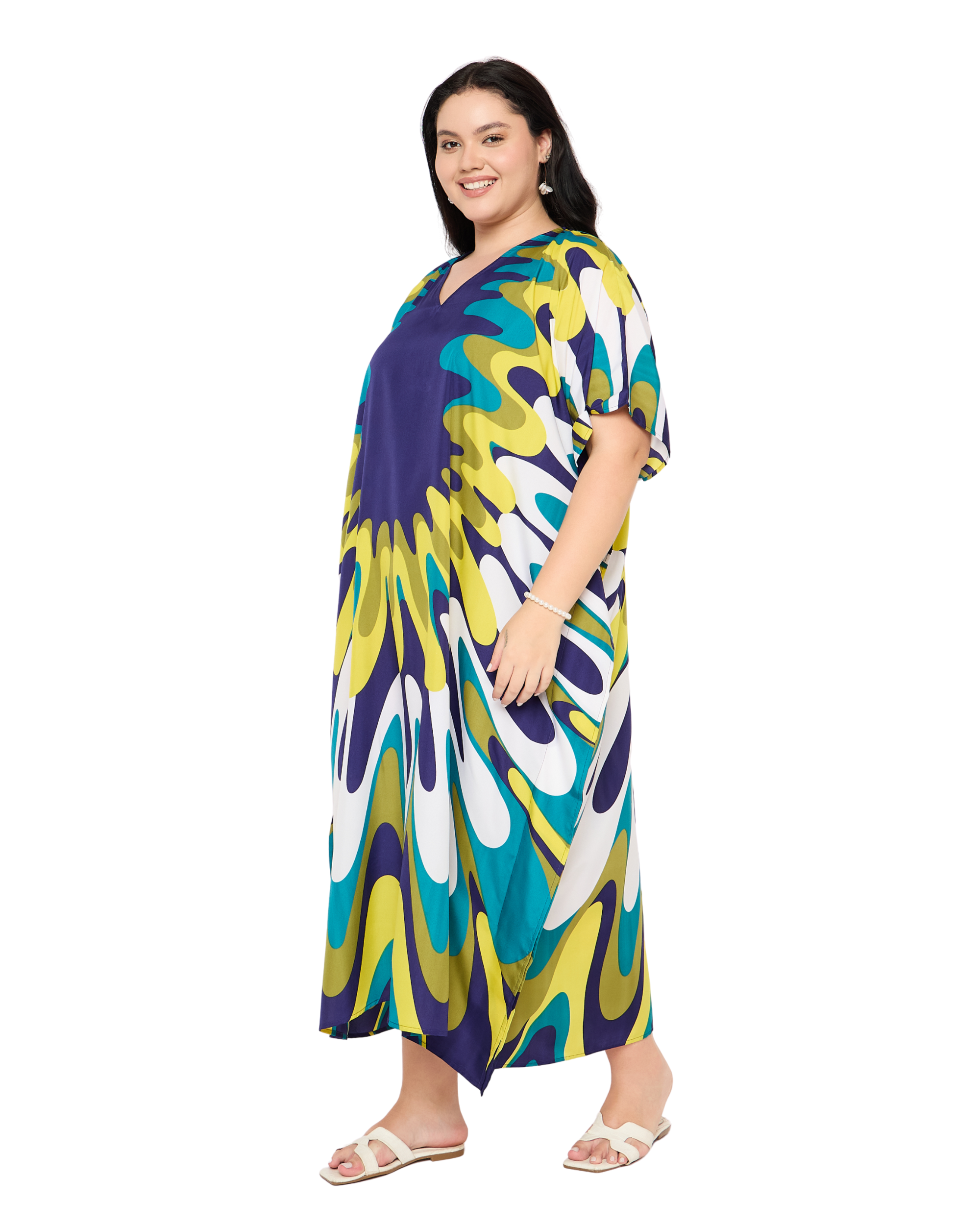 Navy Blue Polyester Women Plus Size Kaftan Long Dress