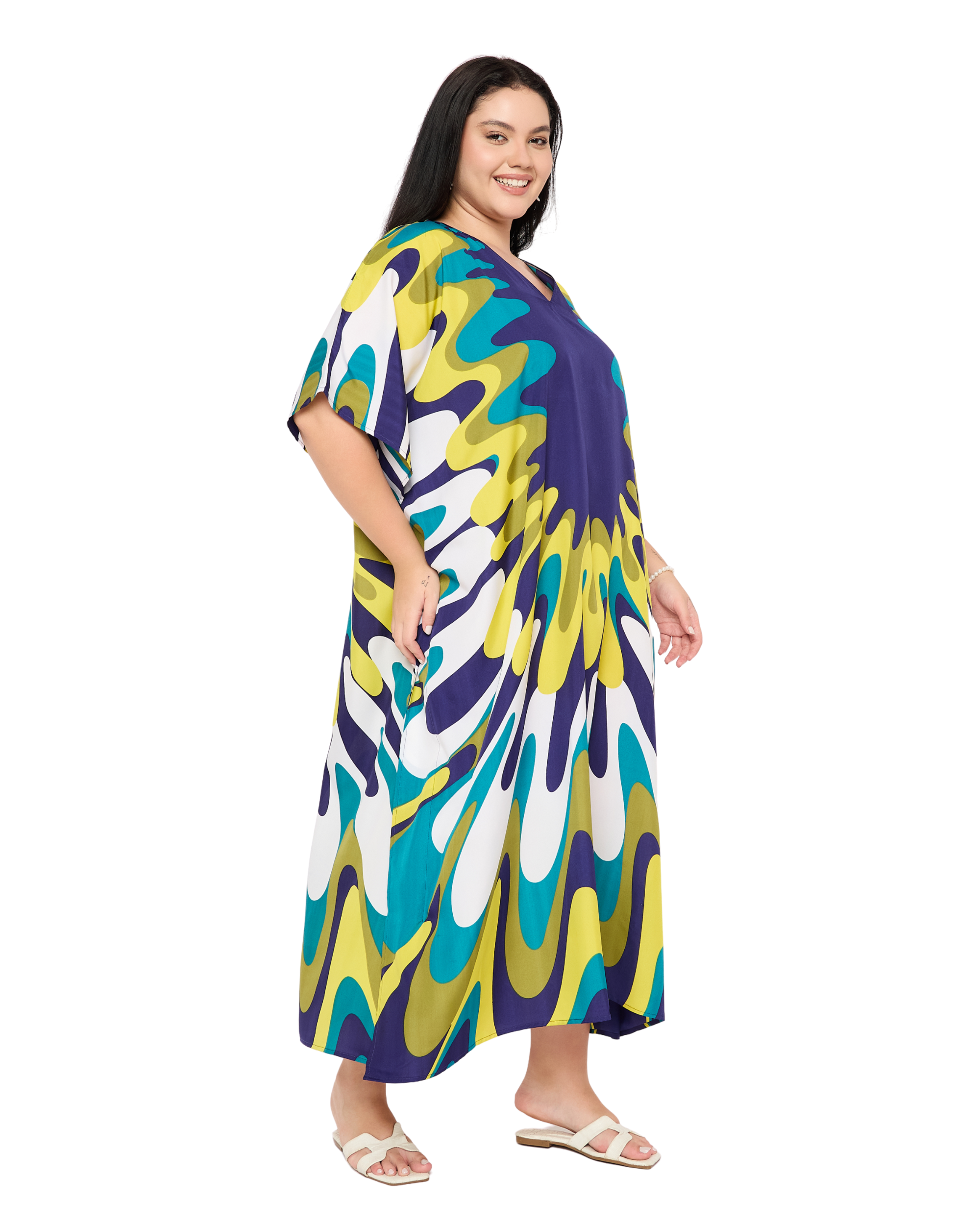 Navy Blue Polyester Women Plus Size Kaftan Long Dress