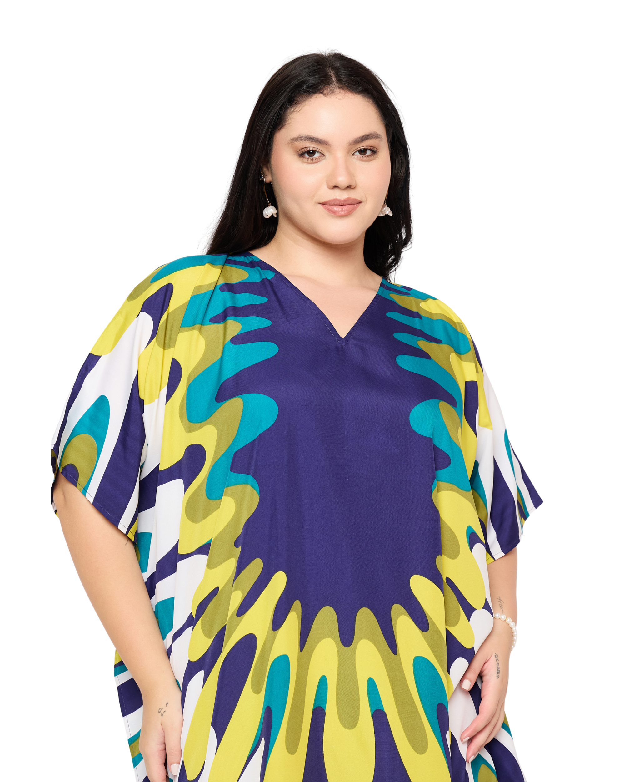 Navy Blue Polyester Women Plus Size Kaftan Long Dress