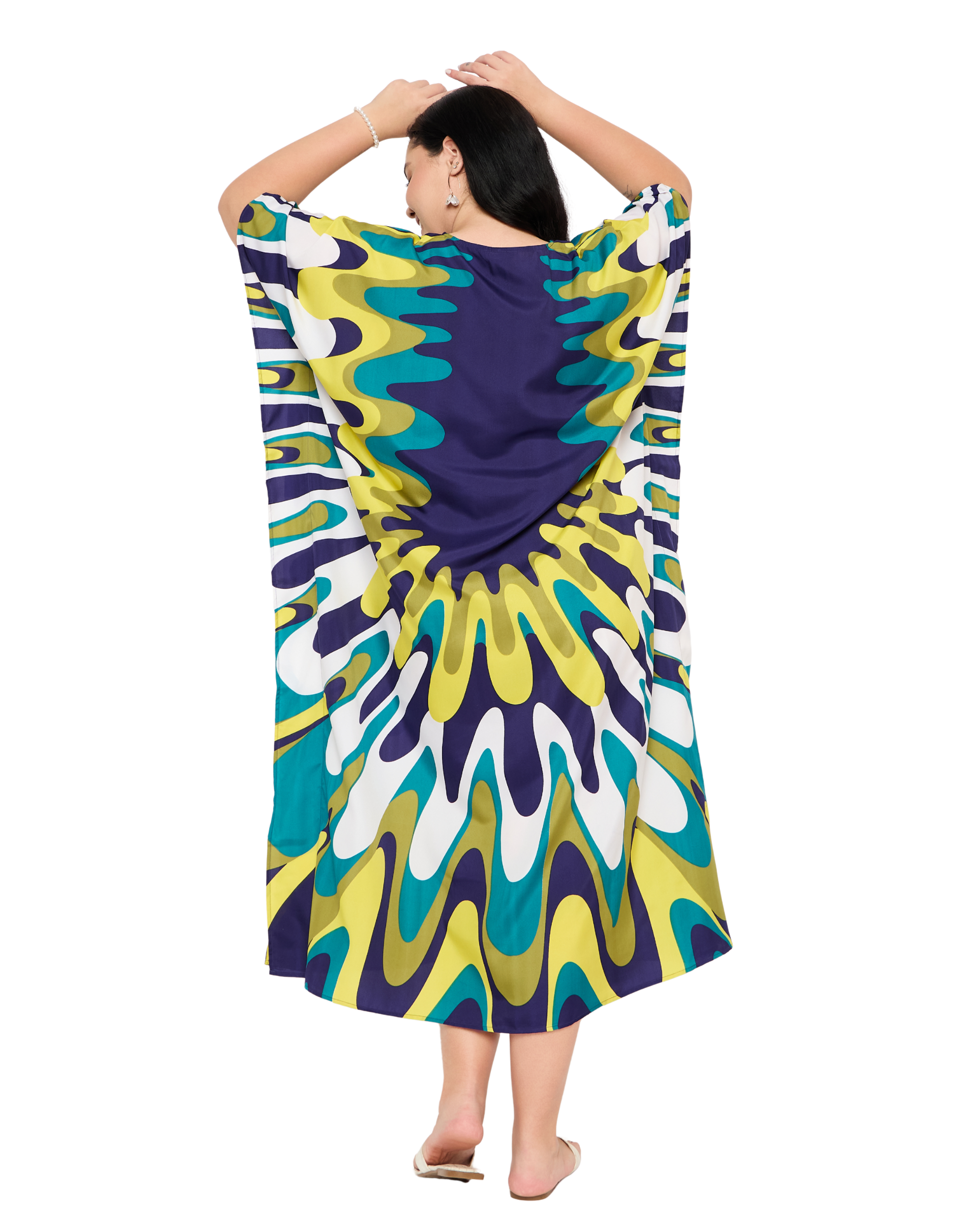 Navy Blue Polyester Women Plus Size Kaftan Long Dress