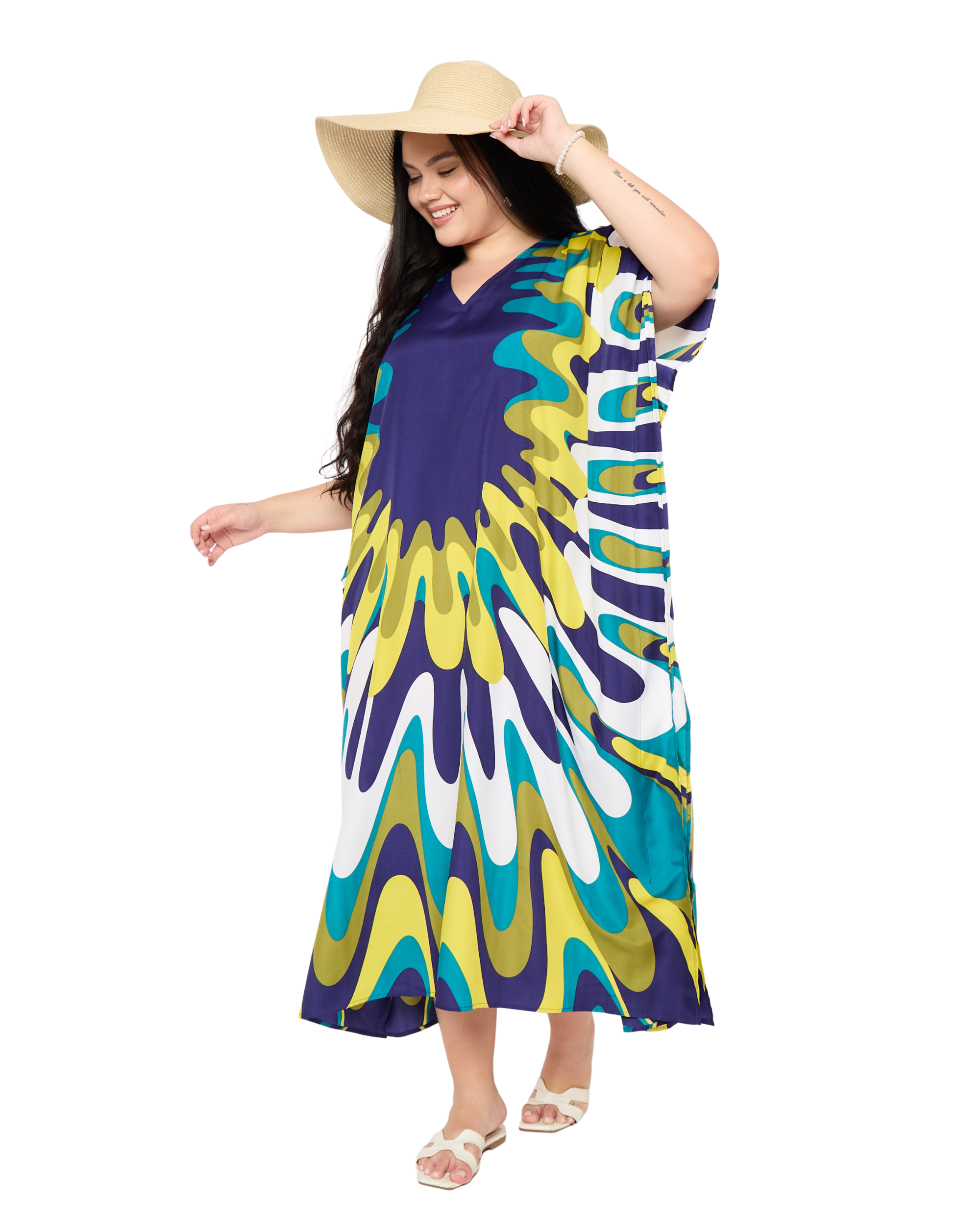 Navy Blue Polyester Women Plus Size Kaftan Long Dress