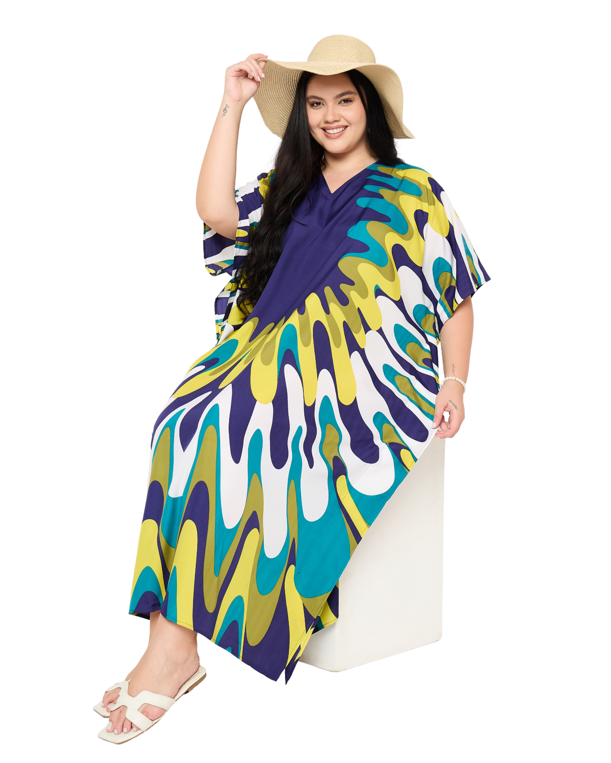 Navy Blue Polyester Women Plus Size Kaftan Long Dress