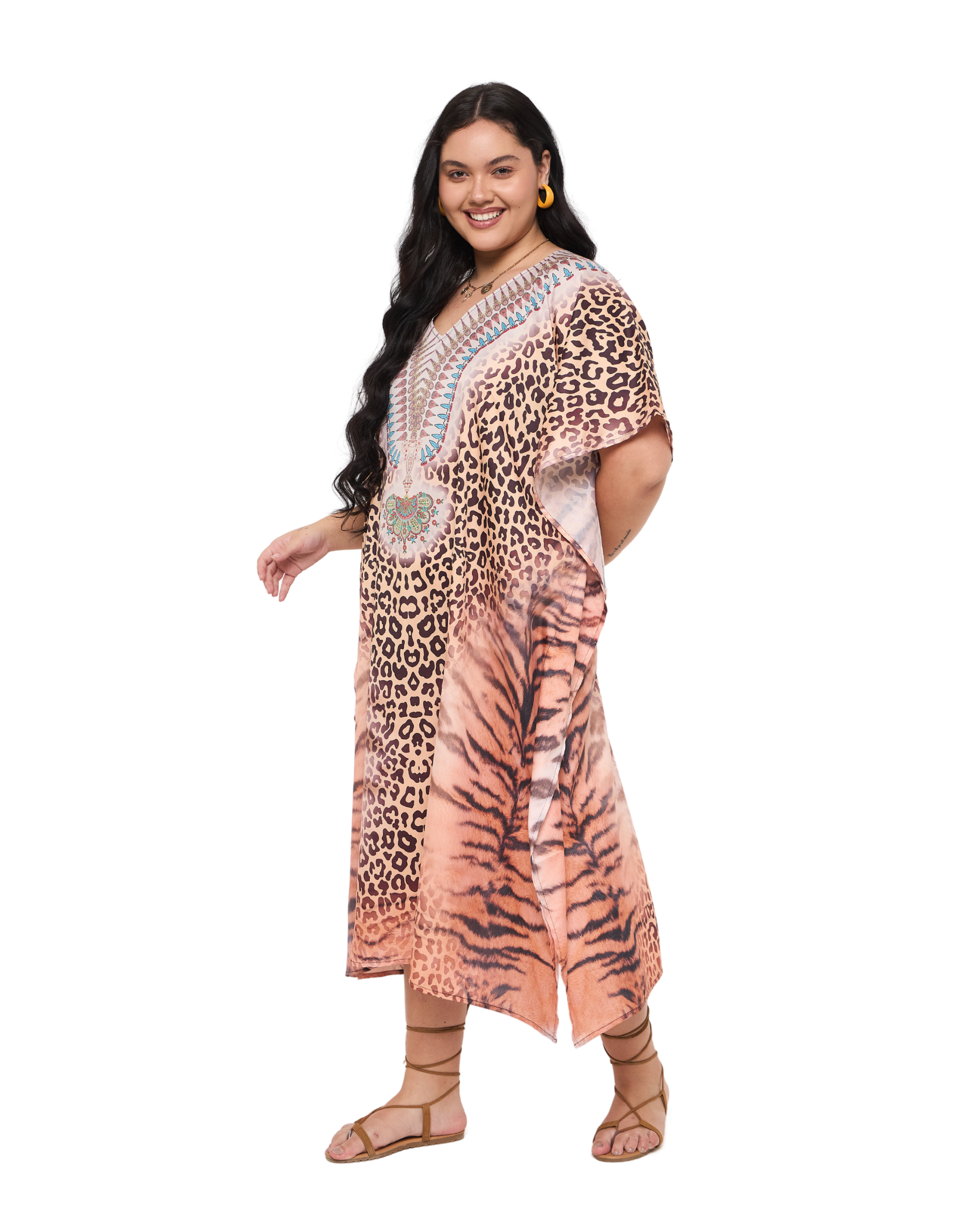 Animal Print Light Peach Polyester Plus Size Kaftan Dress for Women