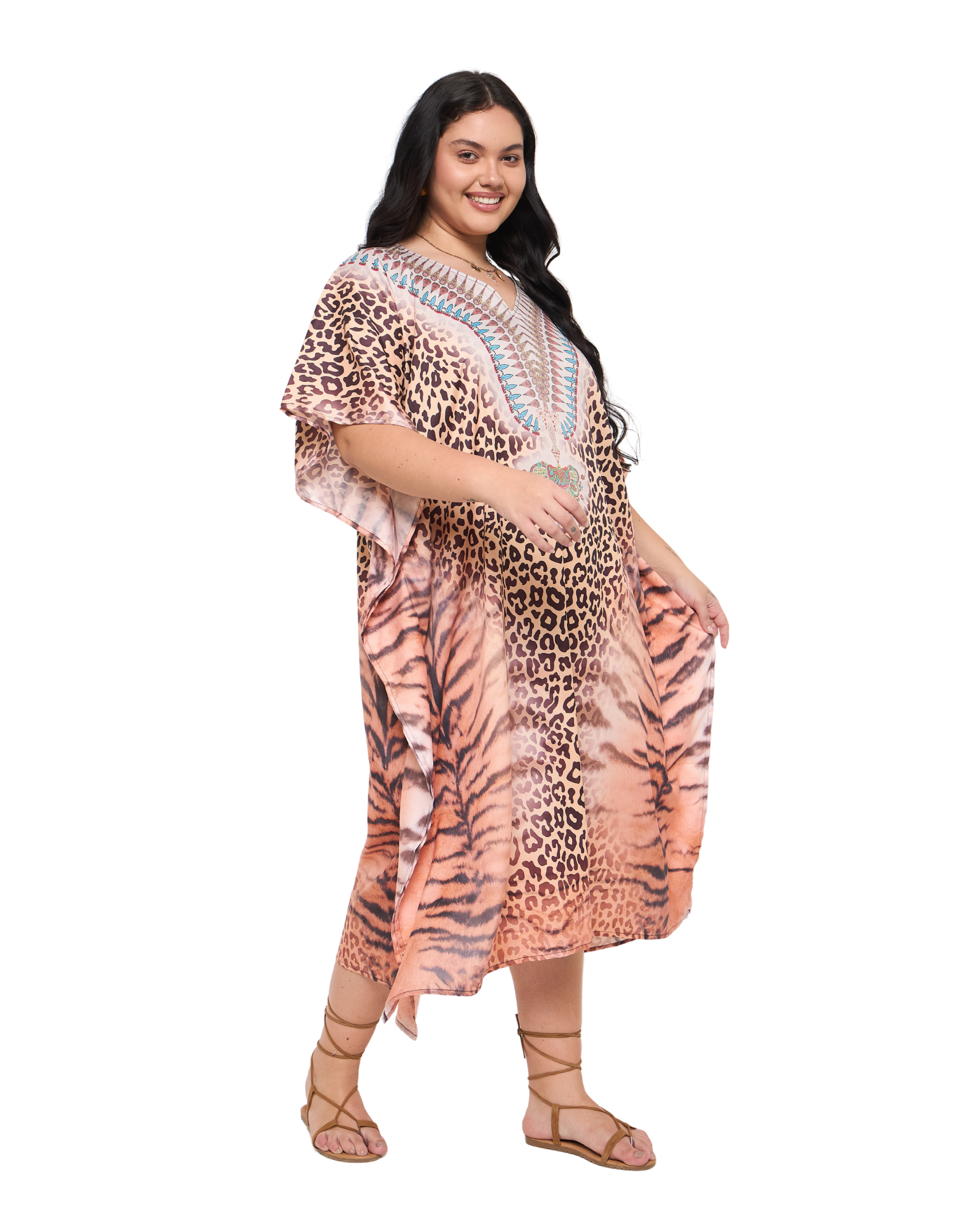 Animal Print Light Peach Polyester Plus Size Kaftan Dress for Women