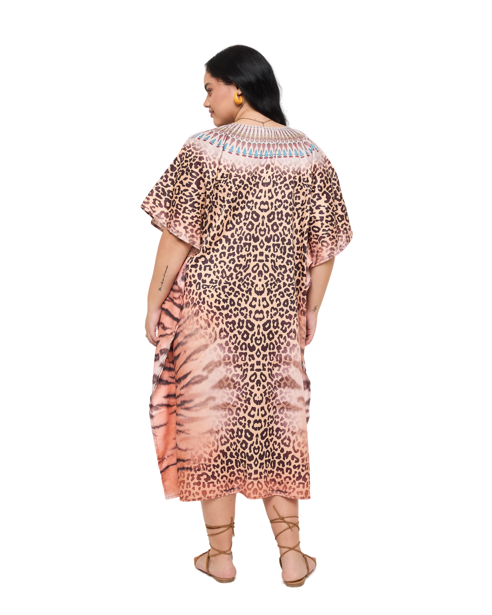 Animal Print Light Peach Polyester Plus Size Kaftan Dress for Women