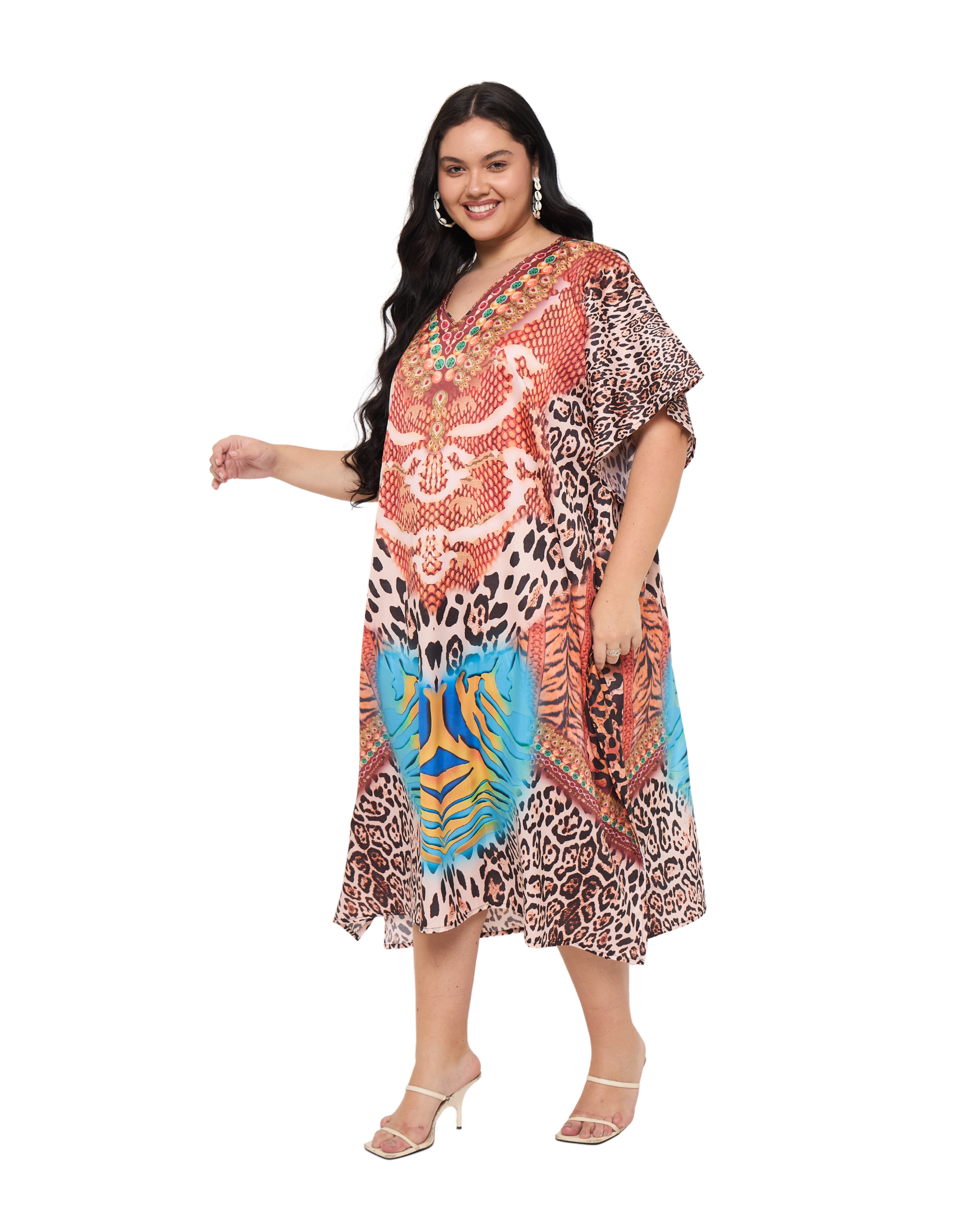 Animal Print Multicolor Women Plus Size Casual Caftan Dress