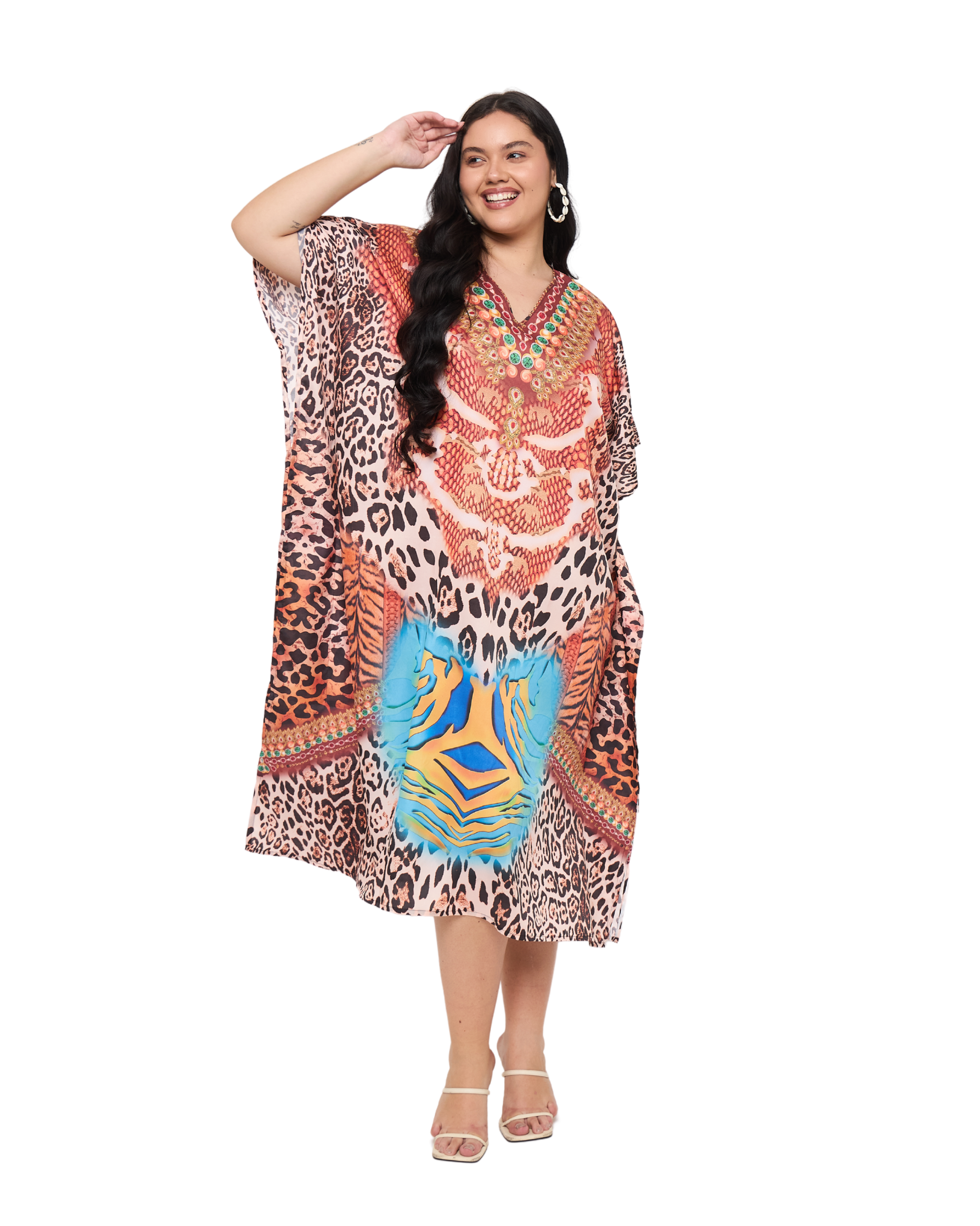 Animal Print Multicolor Women Plus Size Casual Caftan Dress