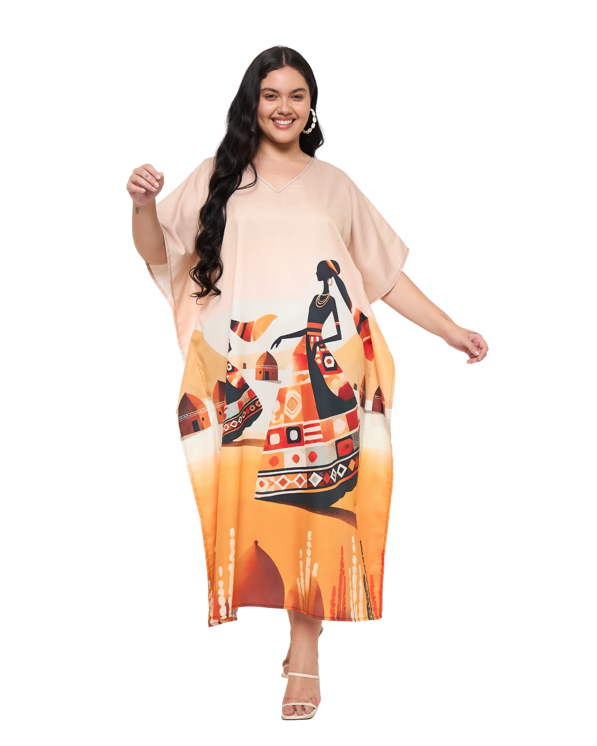 Lady Tribal Beige Polyester Women Plus Size Beach Caftan Dress