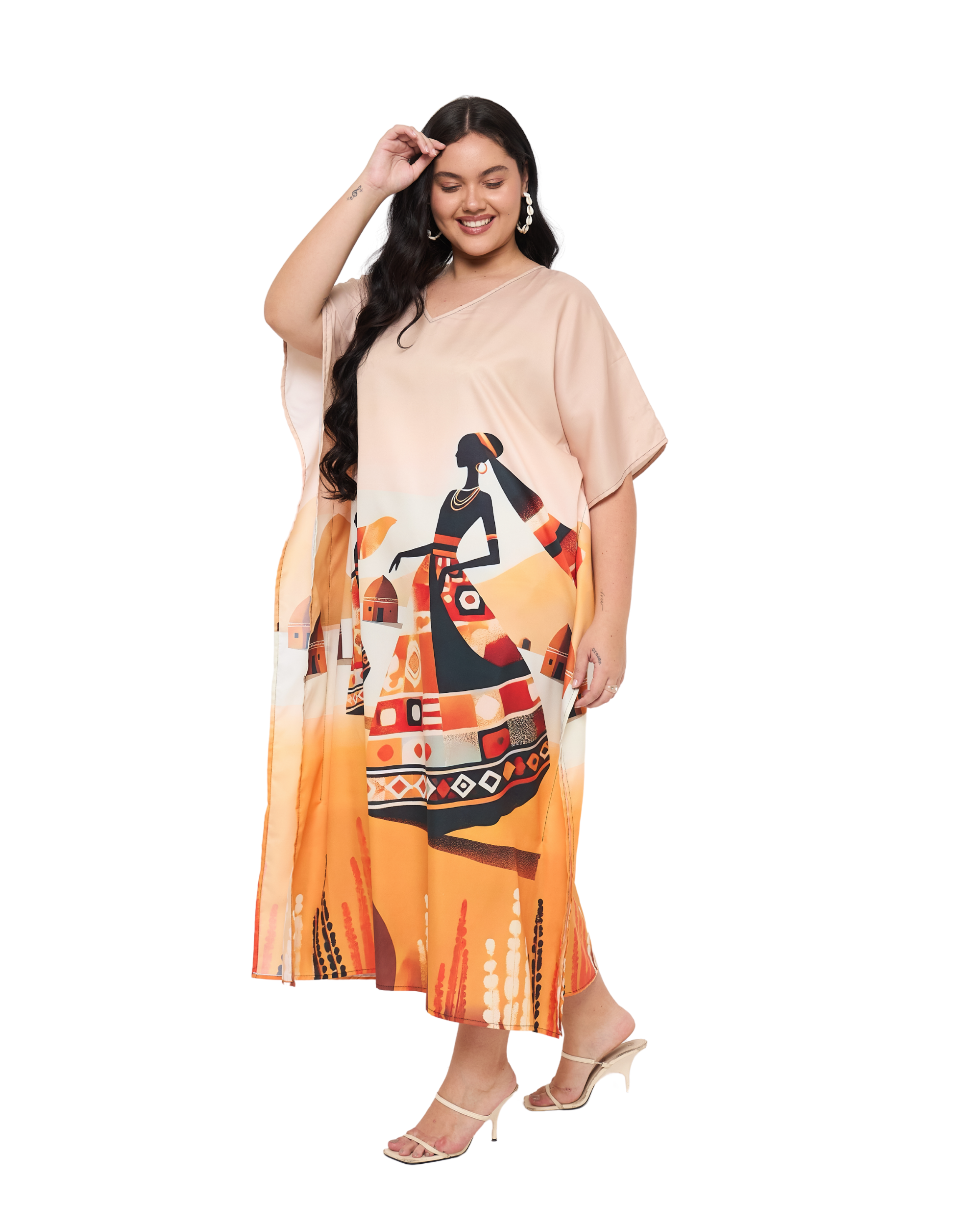 Lady Tribal Beige Polyester Women Plus Size Beach Caftan Dress