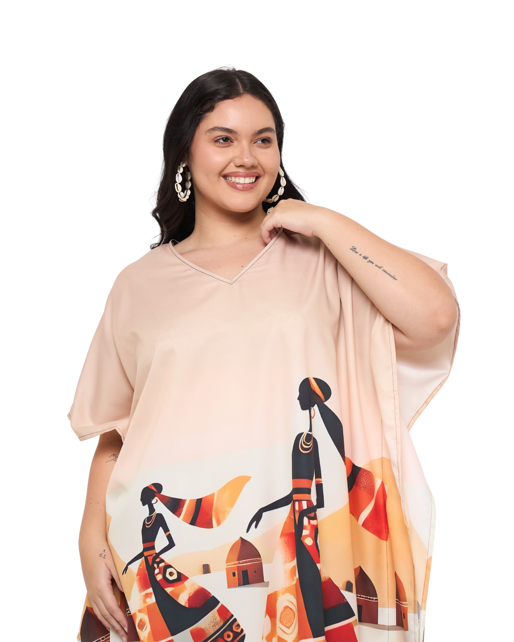 Lady Tribal Beige Polyester Women Plus Size Beach Caftan Dress