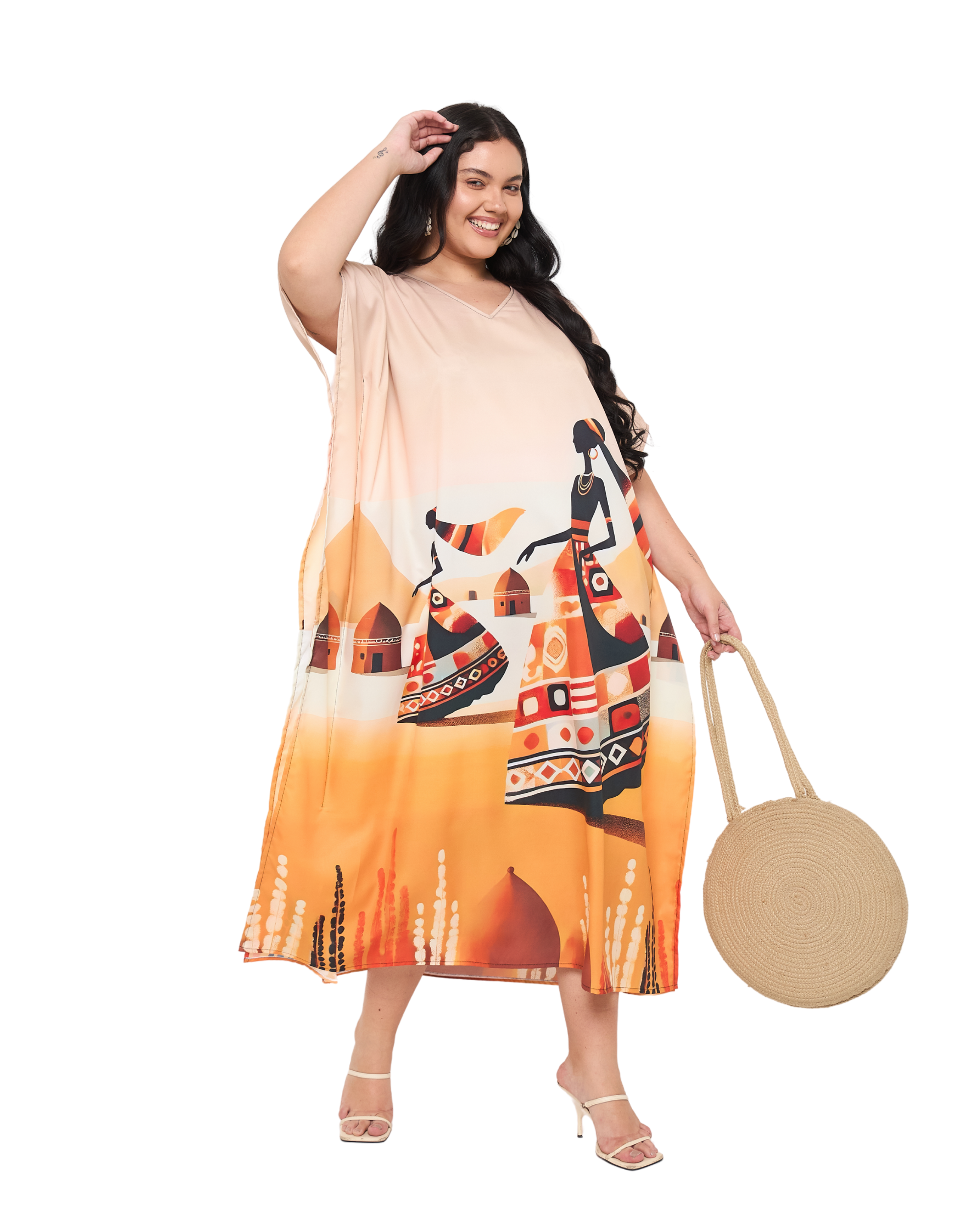 Lady Tribal Beige Polyester Women Plus Size Beach Caftan Dress