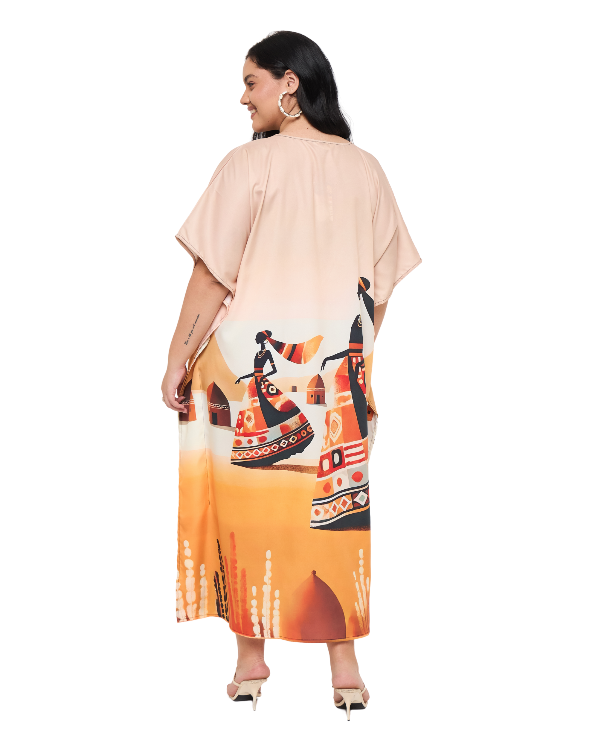 Lady Tribal Beige Polyester Women Plus Size Beach Caftan Dress