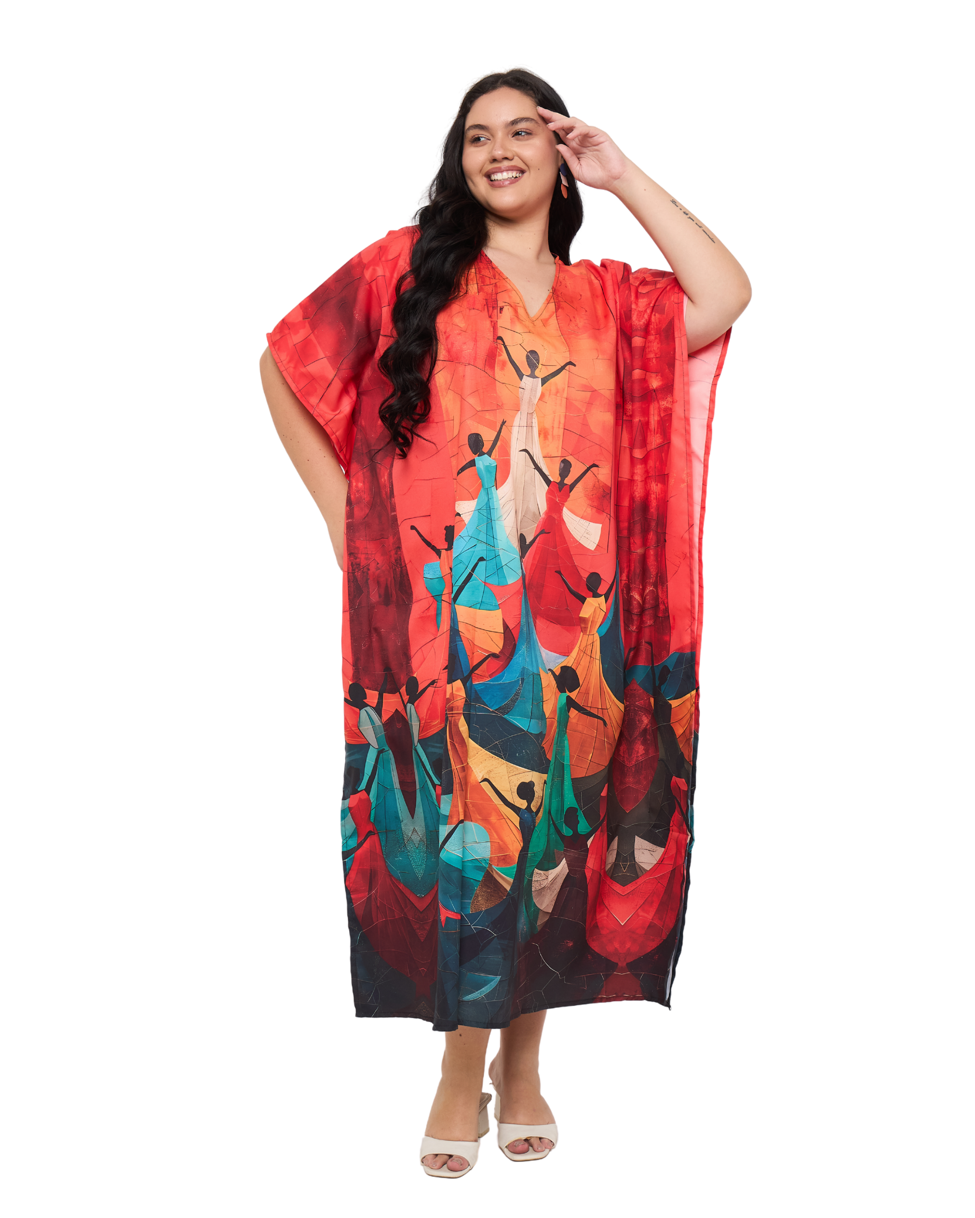 Lady Print Red Polyester Loungewear Plus Size Kaftan Dress